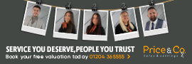 Banner with images of five business people hanging on a string, advertising services related to trust and pricing with a phone number and company logo.