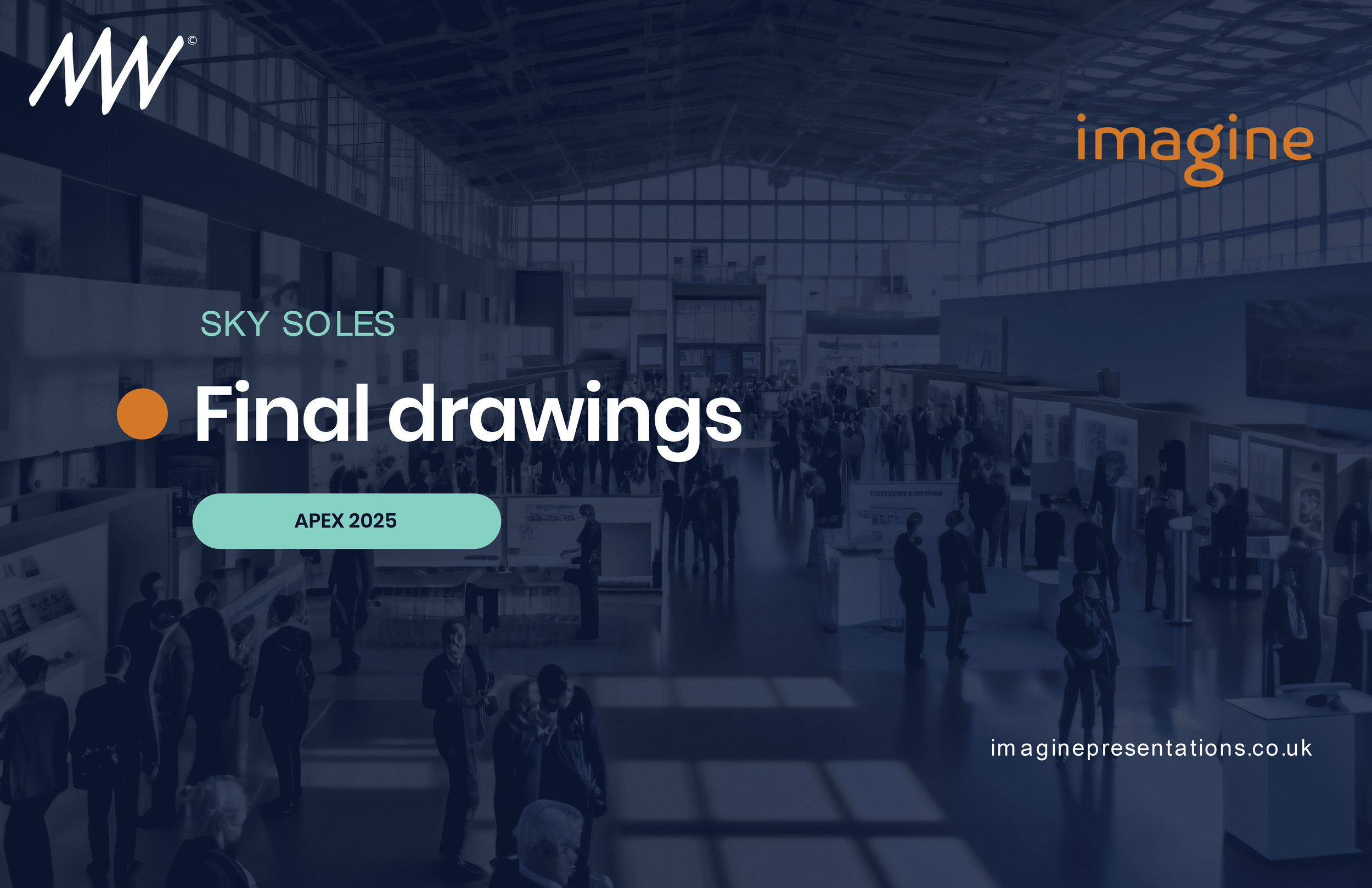 Website presentation slide with the title 'Final drawings' for Sky Soles at APEX 2025, showing a crowded exhibition hall with people and booths.