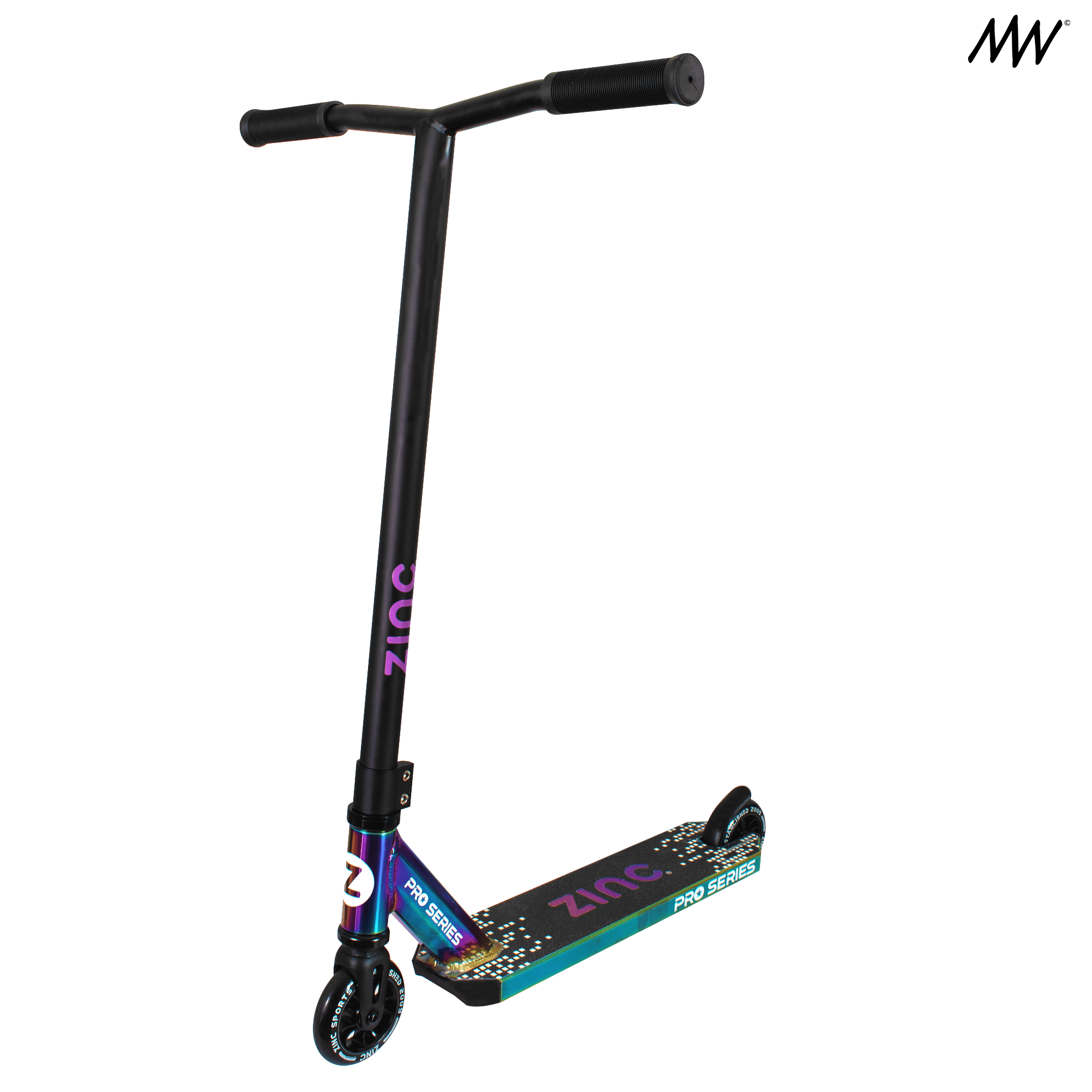 Black stunt scooter with purple and teal accents, branded Zine Pro Series, isolated on white background.
