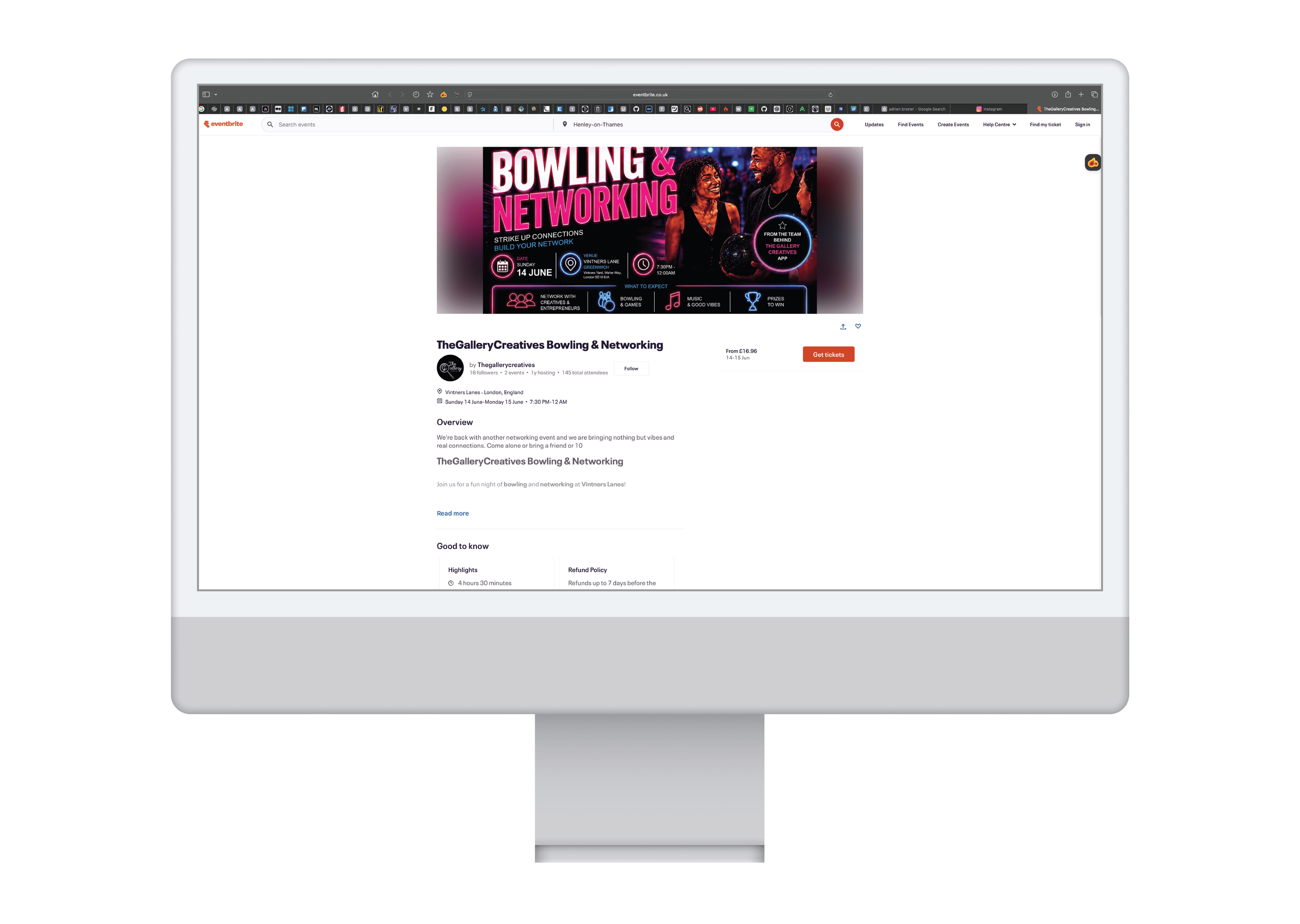 Screenshot of an event page for a bowling and networking event at Vintners Lane in Greenwich, scheduled for Sunday, June 14th and 15th, from 7:30 PM to 12:00 AM, with details about the event's theme, location, and activities.