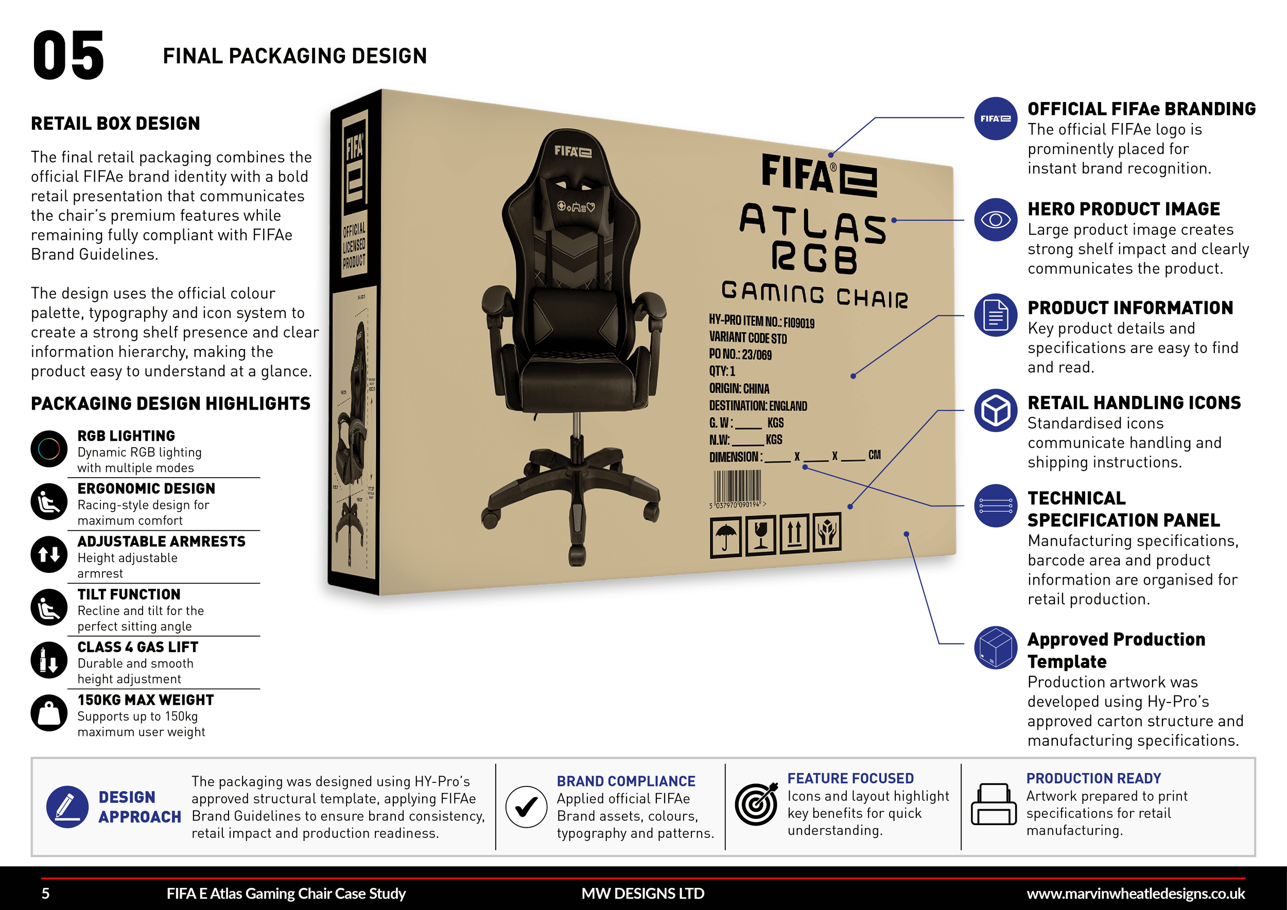 Packaging design document for a FIFA-themed gaming chair. The box features images and descriptions of the chair's features, official FIFA branding, and product information including dimensions and weight.