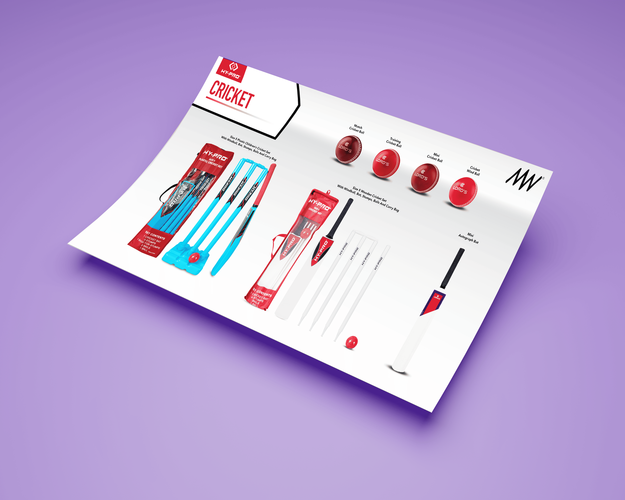 Printed advertisement for a cricket set featuring various cricket equipment such as bats, balls, and a carry bag, all branded HY-PRO with red and white packaging.