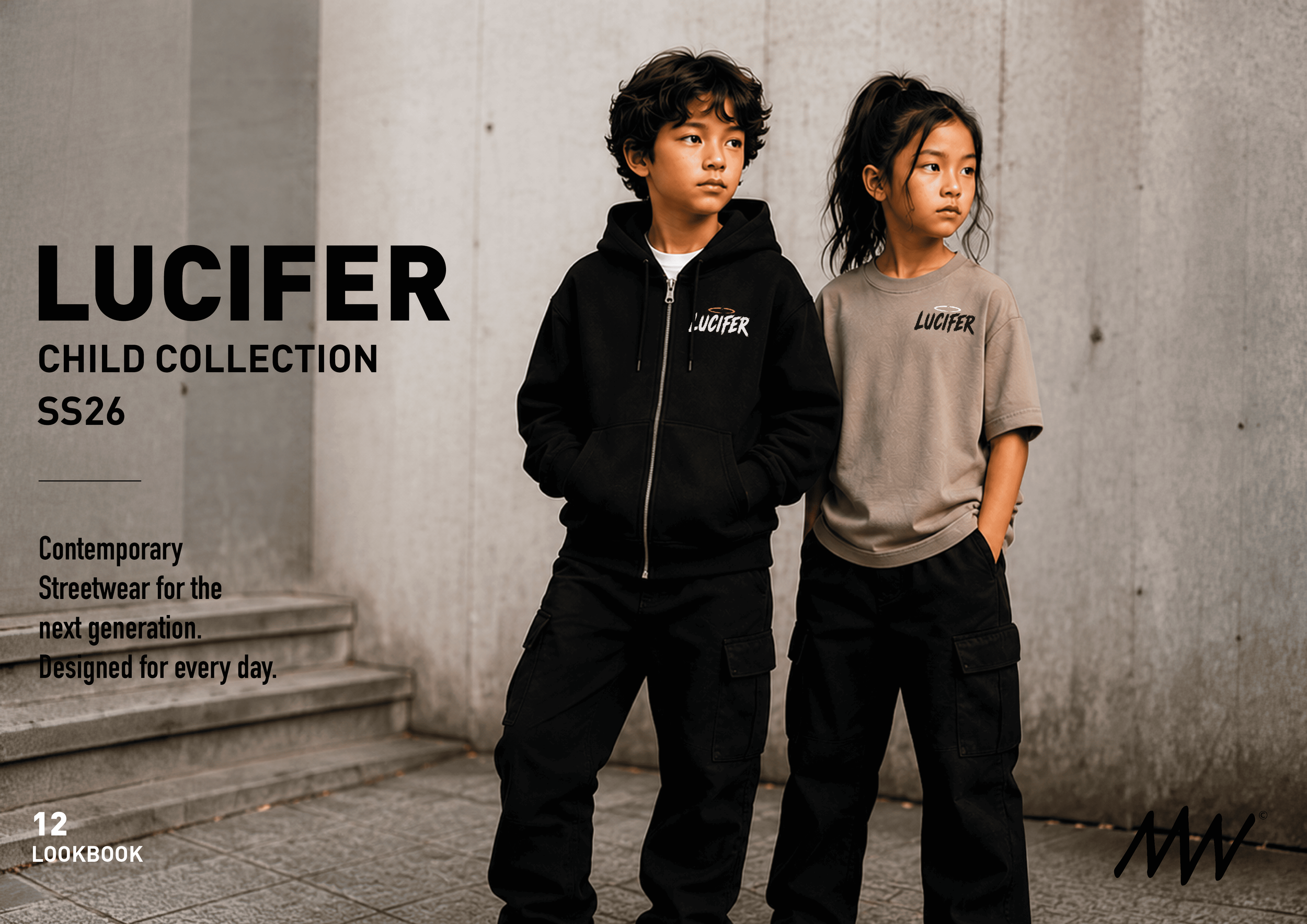 Two children, a boy in a black hoodie and a girl in a beige t-shirt, stand on steps in an urban setting wearing streetwear with 'LUCIFER' logos, looking to the side.