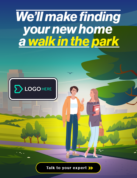 A digital illustration of a park with two people walking and talking, with a city skyline in the background. The image promotes finding a new home and includes a logo placeholder and a call-to-action button.