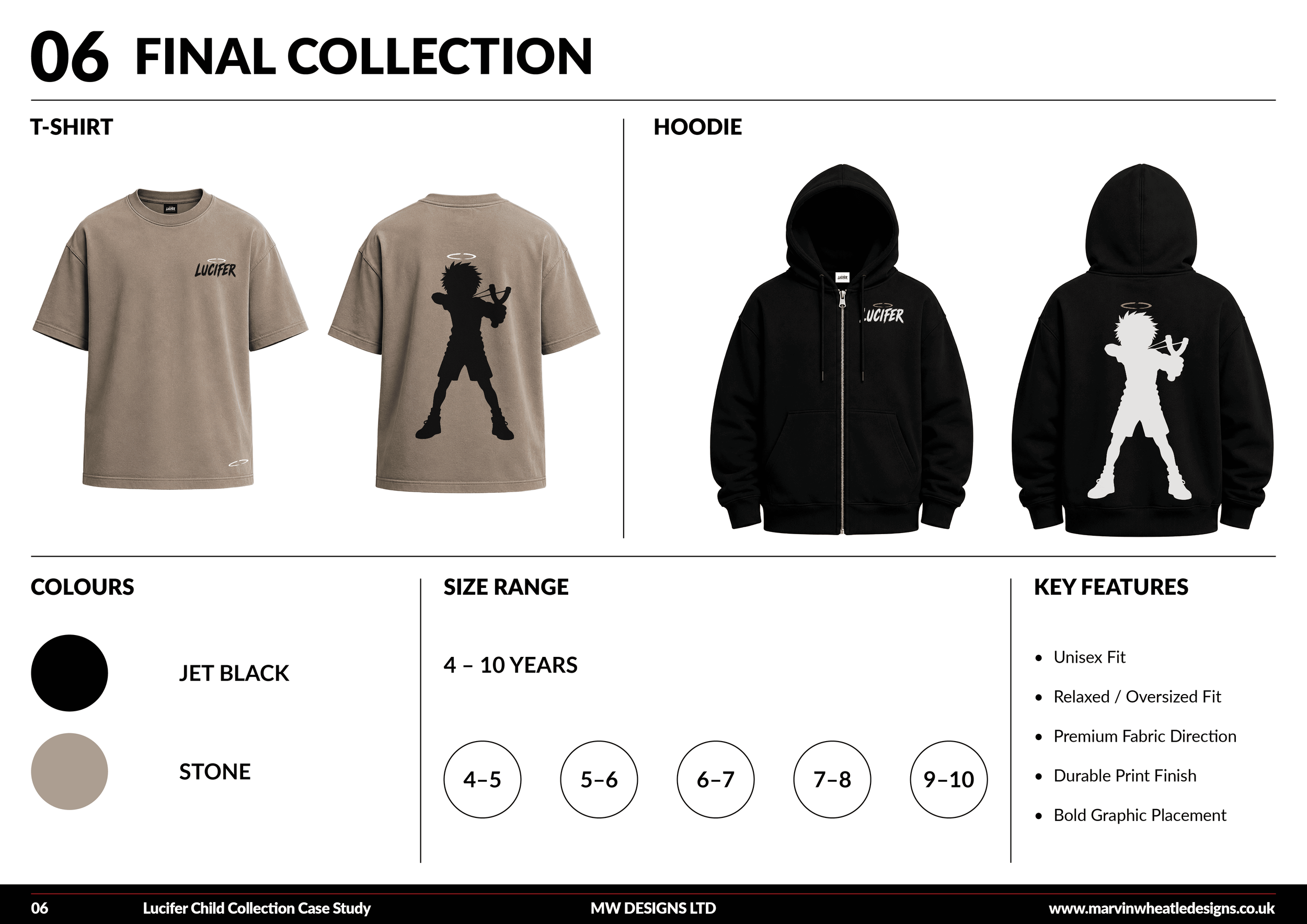 A clothing catalog page displays a beige T-shirt with 'Lucifer' and a logo on the front and a silhouette of a character with a guitar and halo on the back. It also features a black hoodie with 'Lucifer' on the front and the same silhouette on the back. The page shows color options, size range 4-10 years, and key features such as unisex fit, relaxed oversize fit, premium fabric, durable finish, and bold placement.