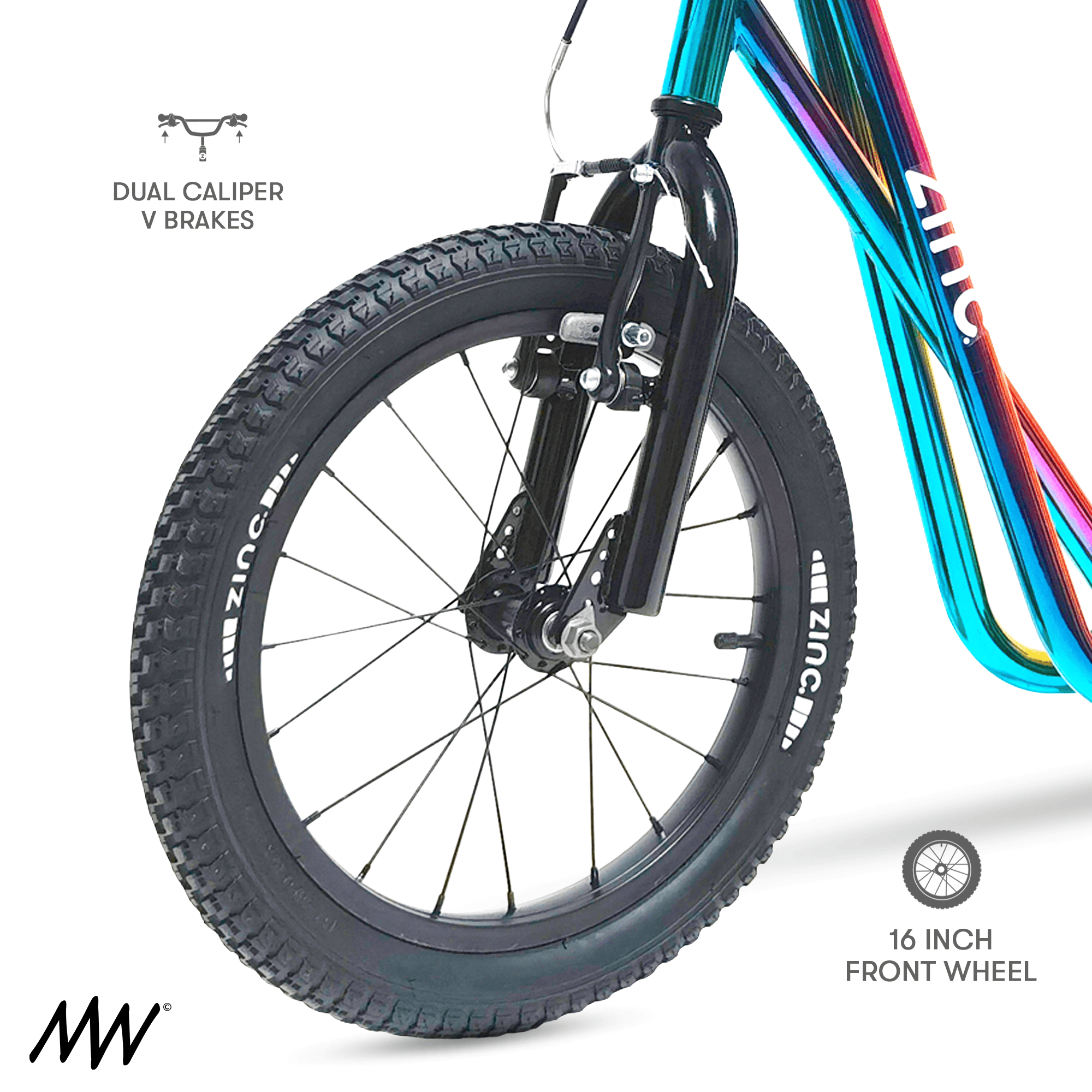 Close-up of a mountain bike's front wheel, featuring a 16 inch tire, dual caliper V brakes, and a suspension fork.