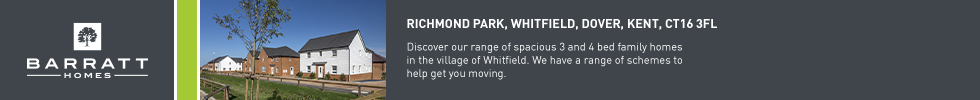Banner ad for Barratt Homes featuring an image of modern housing development at Richmond Park, Whitfield, Dover, Kent, with the company logo and contact information.