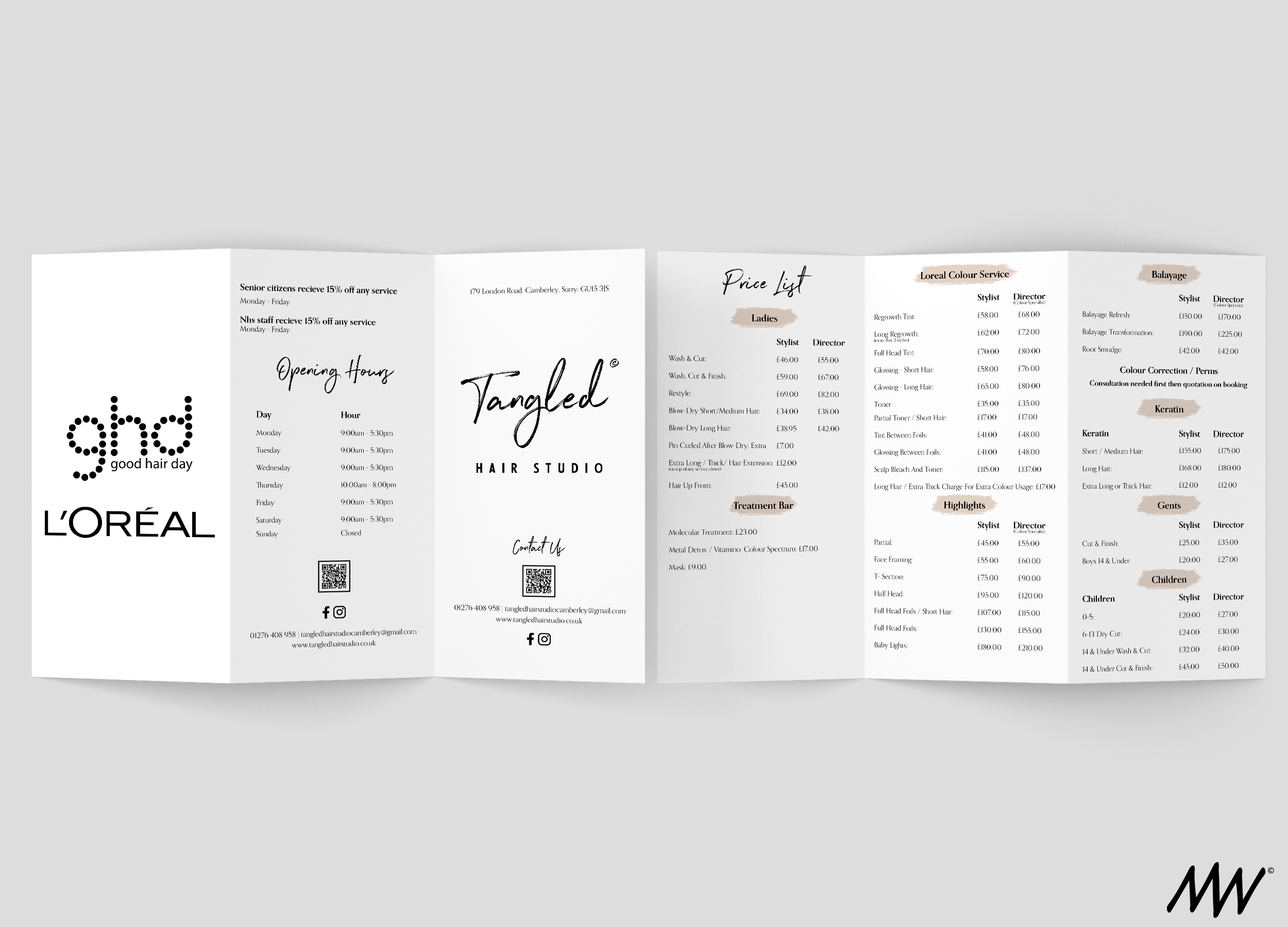 Tri-fold hair salon menu featuring services and prices, including hair treatments, haircuts, and color options.
