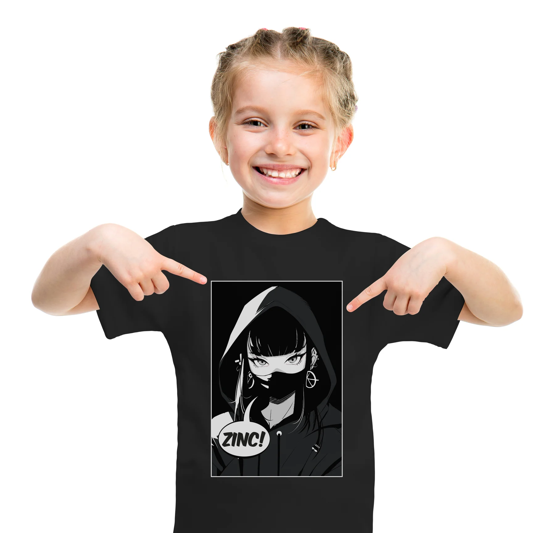Smiling young girl pointing to her graphic t-shirt featuring a manga-style character with dark hair, a hood, glasses, and a speech bubble saying "ZINC!" against a plain white background.