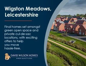 A promotional banner for Wigston Meadows in Leicestershire featuring an image of housing and green space, with text about final homes and private cul-de-sac locations.