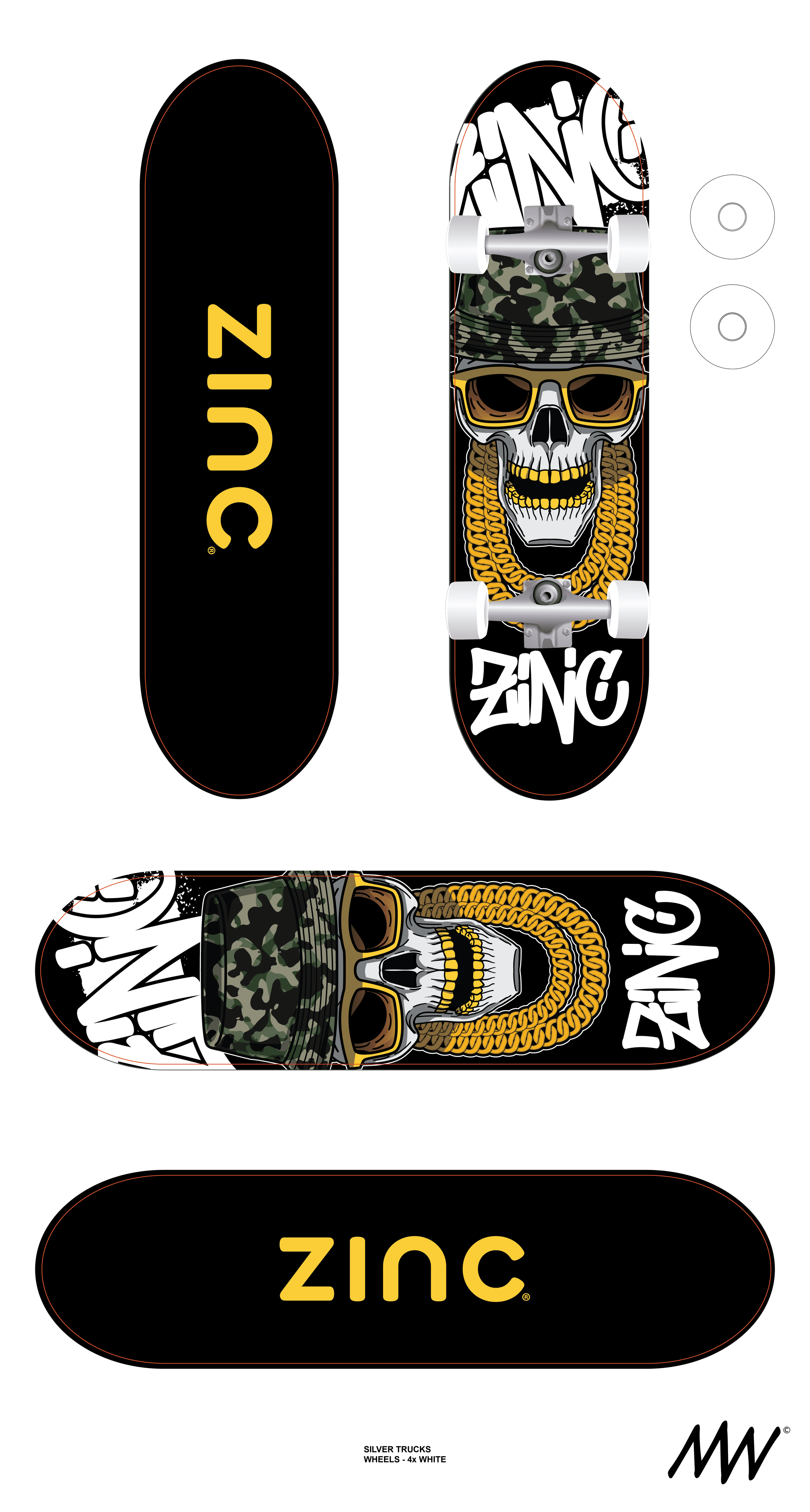 A skateboard with a skull wearing a camouflage cap, sunglasses, and gold chains, along with the text "ZINC" and graffiti-style "ZANG."