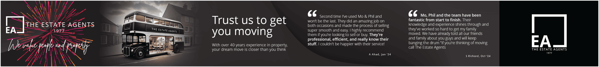 Banner advertisement for The Estate Agents, featuring a double-decker bus with a modern house in the background, and text highlighting their experience in property services.