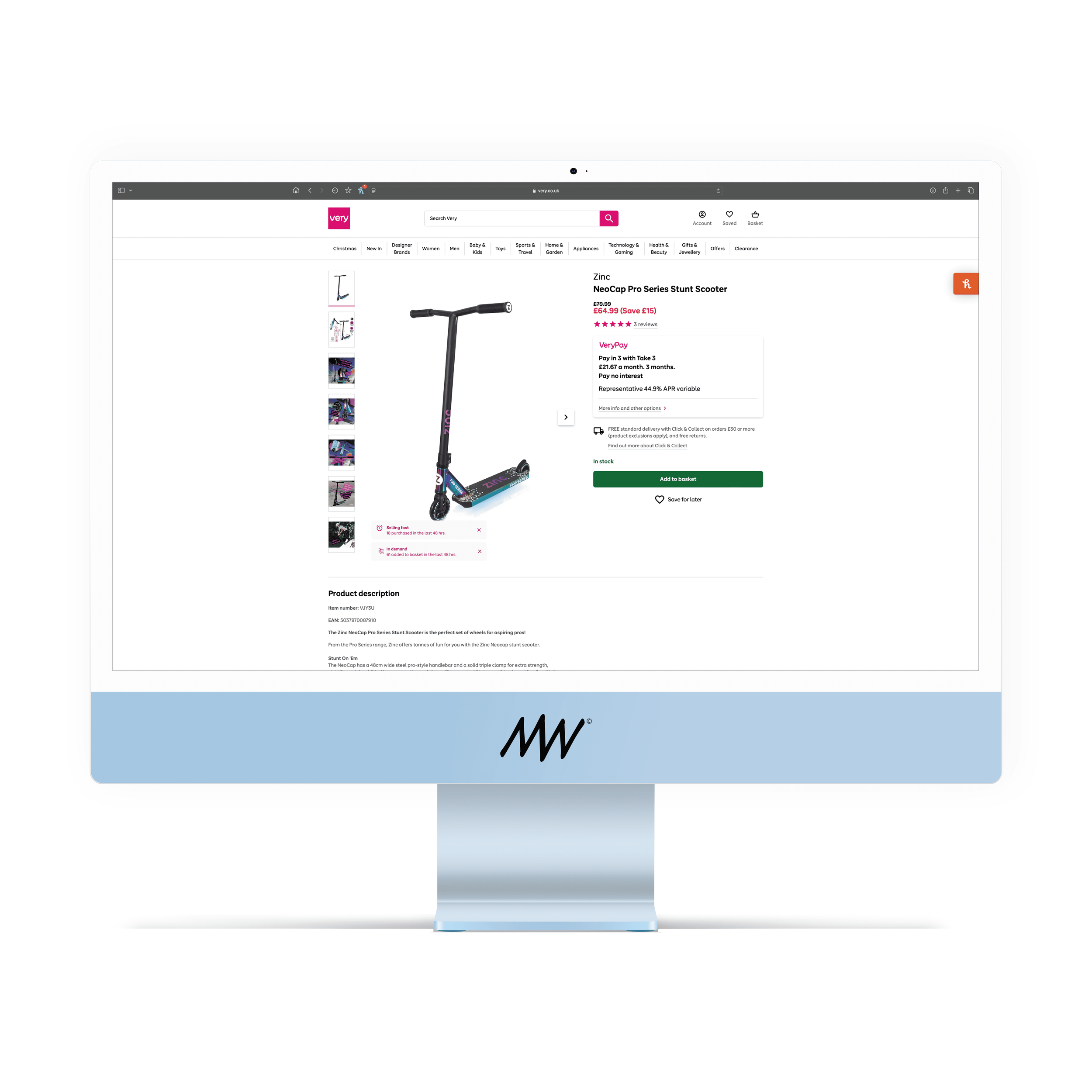 Computer screen displaying an online shopping webpage for a Zinc NeoCap Pro Series Stunt Scooter, priced at fourty-four pounds, with product images, description, and purchase options.