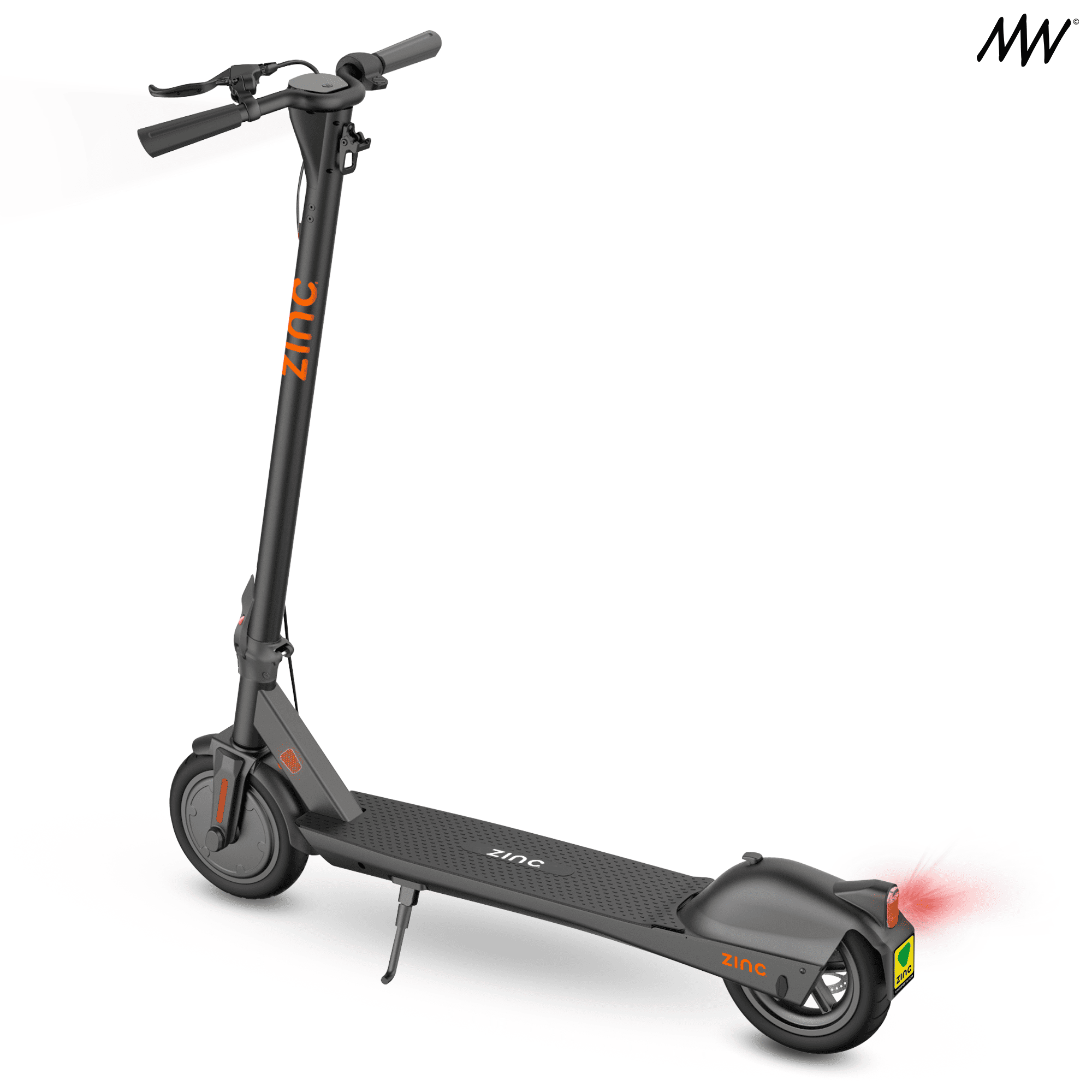 Gray electric scooter with black and orange accents, branded 'ZINC', standing upright with a kickstand against a white background.
