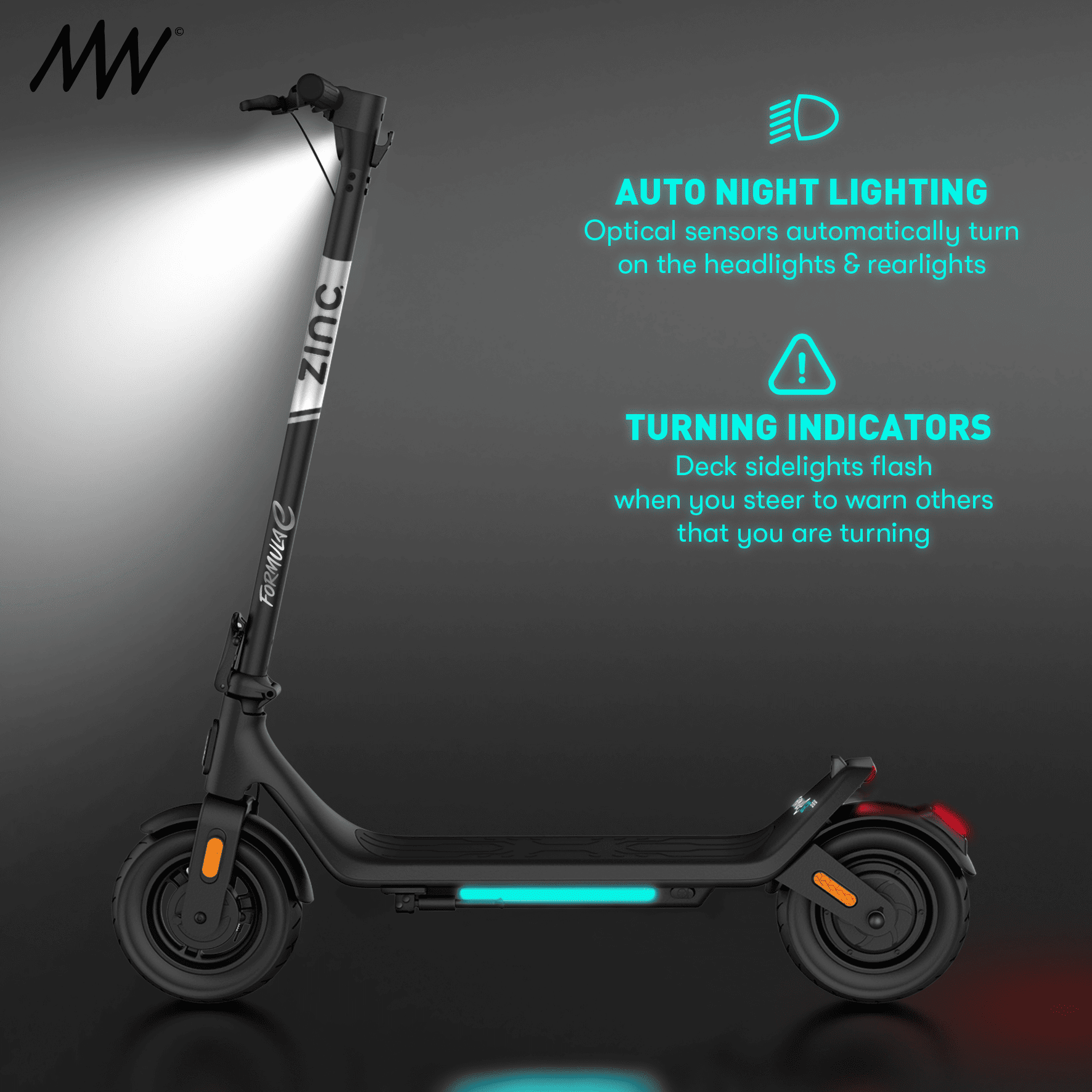 This image shows a black electric scooter with illuminated features and text explaining its safety features. Highlights include auto night lighting with optical sensors that turn on the headlights and rear lights automatically, and turning indicators that flash deck sidelights when steering to warn others.