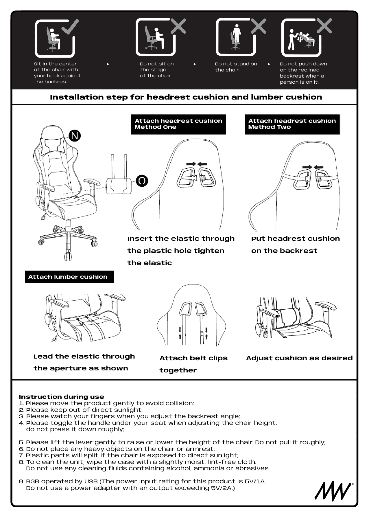 Instructions for attaching and adjusting a headrest and lumbar cushion on a chair, including diagrams and safety warnings.