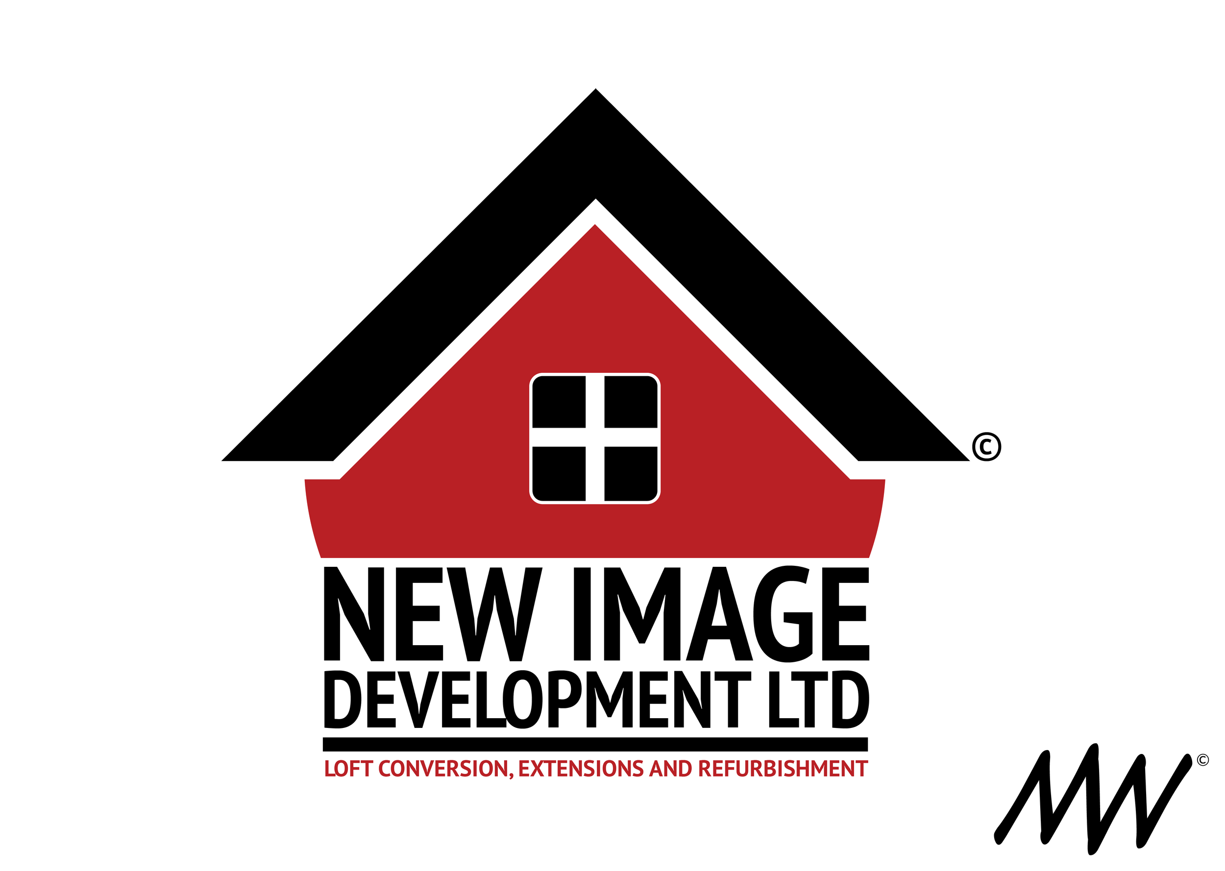 Logo of New Image Development Ltd featuring a stylized house with black roof, red walls, and a black and white window. Company name in bold black letters and slogan in red, with a black signature at the bottom right.