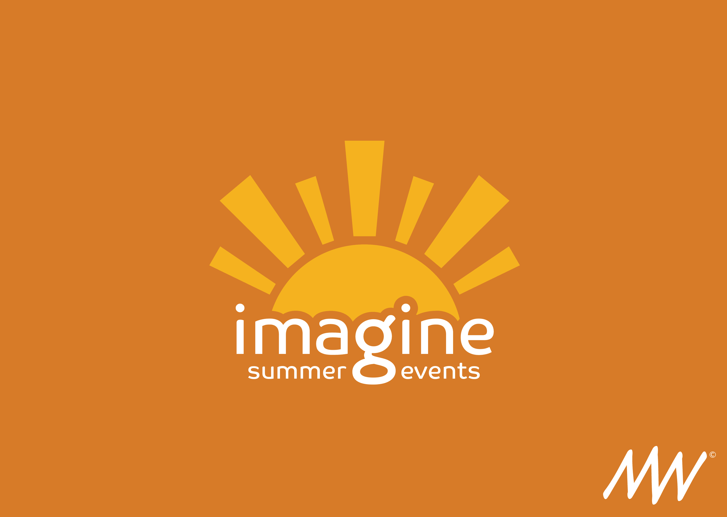 Graphic with orange background featuring a stylized sun and the words 'imagine summer events' and initials 'MW'.