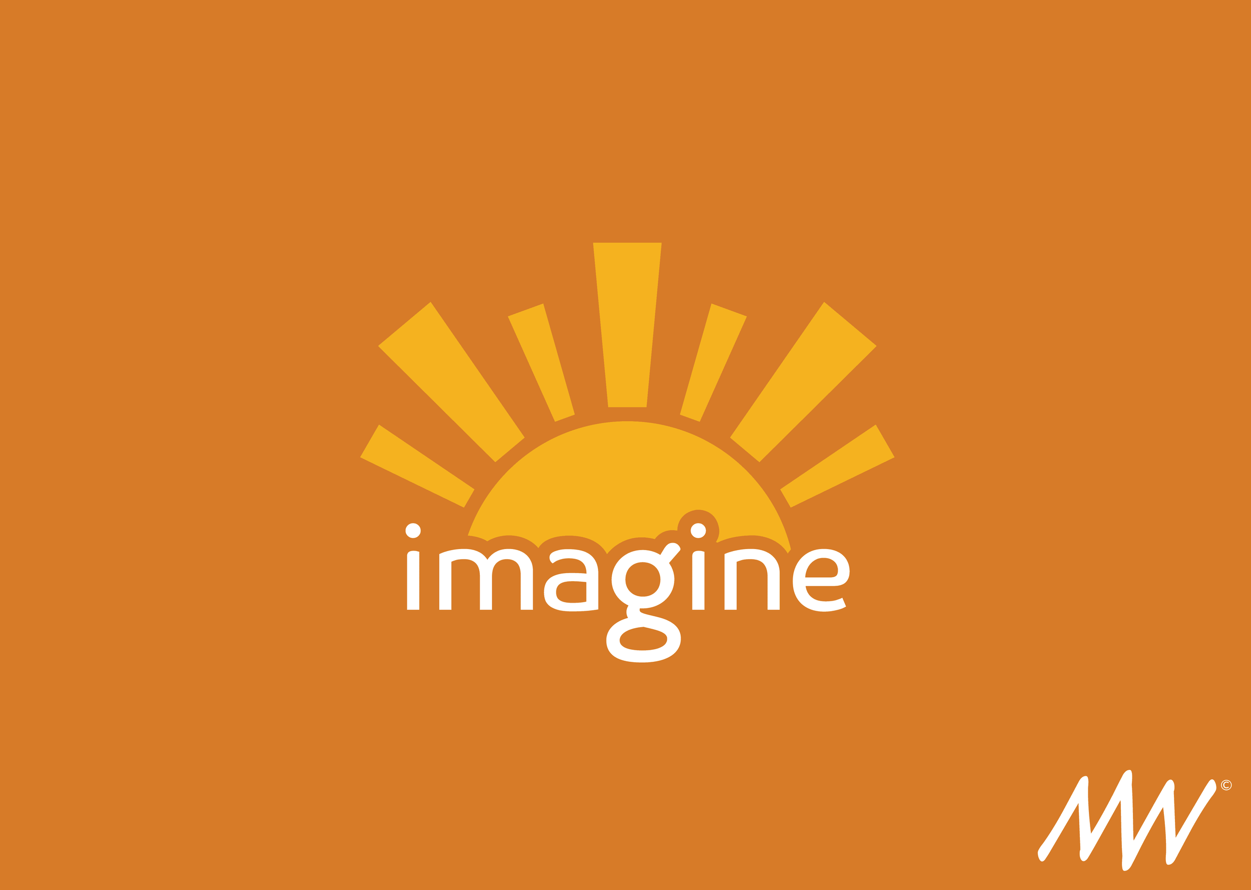 A graphic with an orange background featuring a yellow stylized sun rising or setting, with the word 'imagine' written in white lowercase letters beneath the sun. There is a white signature or logo at the bottom right corner.