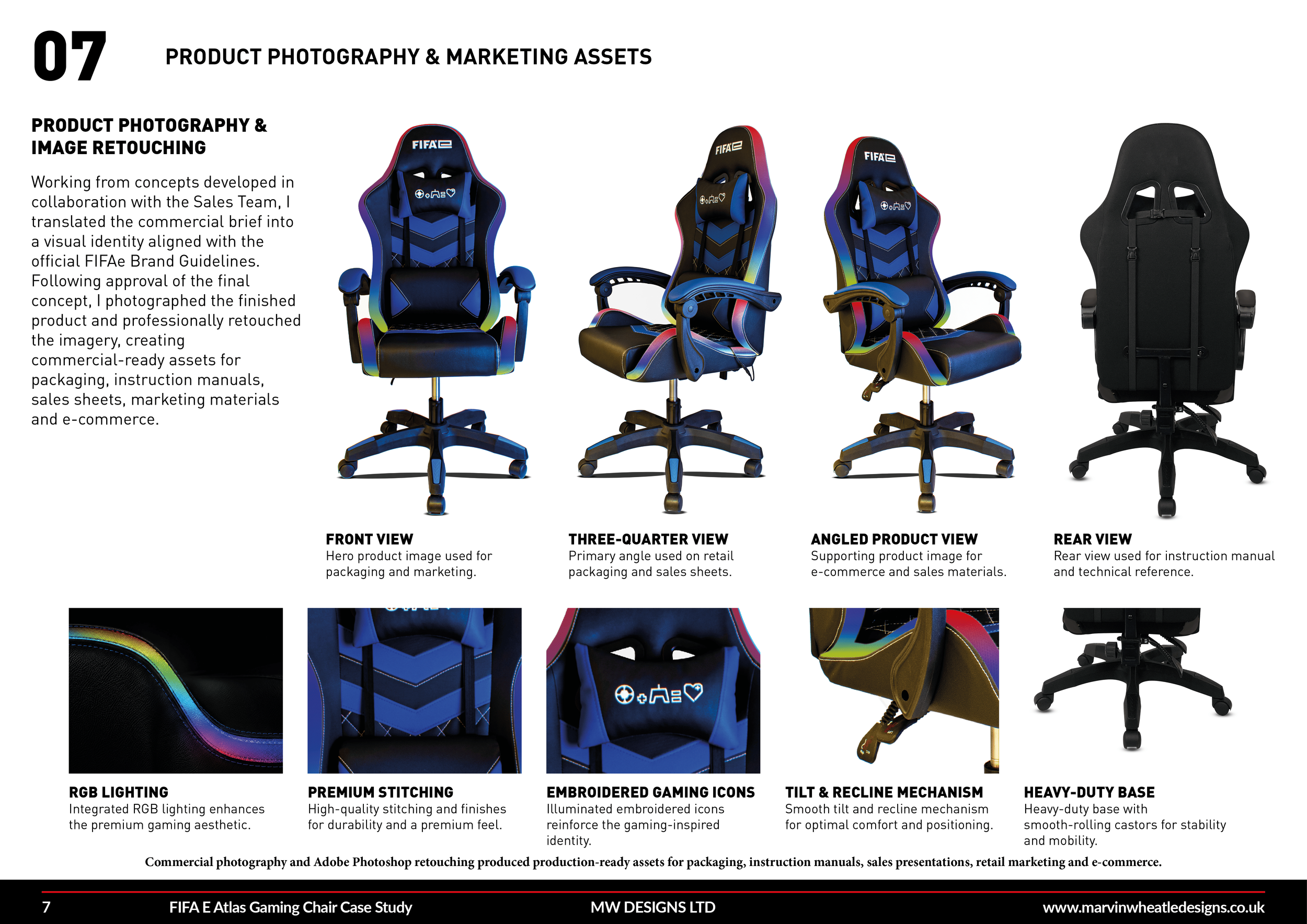 Display of four racing-style gaming chairs with detailed views of each. The chairs are branded with FIFA logos and feature vibrant, colorful accents. Accompanying text describes the product photography process and features such as RGB lighting, premium stitching, embroidered gaming icons, tilt and recline mechanisms, heavy-duty bases, and applicable for marketing and retail standards.