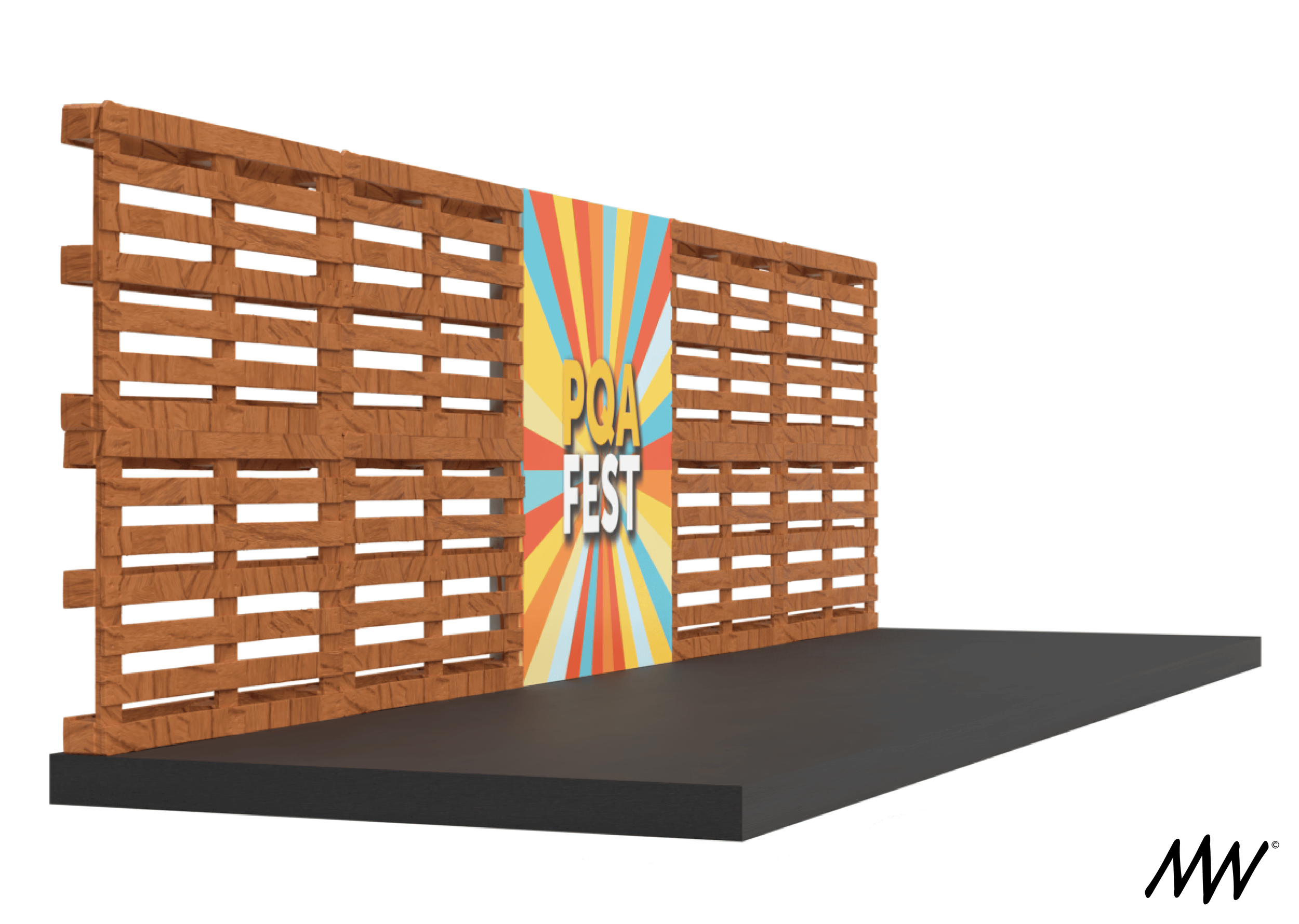 Stage setup with a wooden lattice backdrop and a colorful banner reading 'PQA FEST' at an outdoor event.