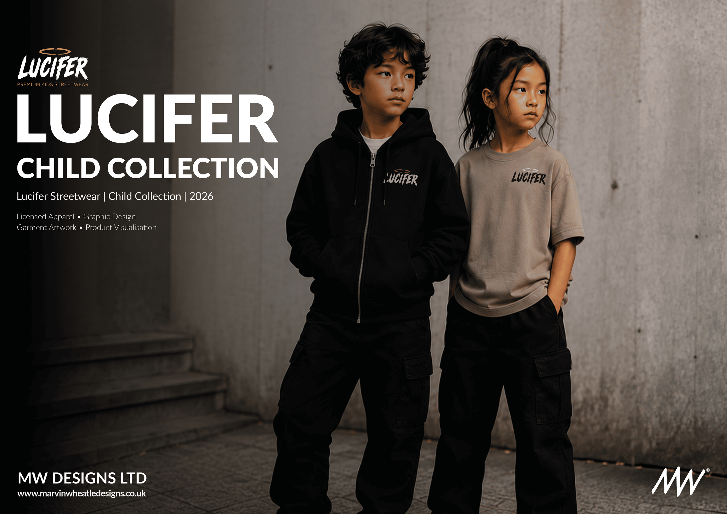 Two young children, a boy and a girl, standing against a concrete wall. They are dressed in streetwear with the word "Lucifer" on their shirts and hoodies. The boy is wearing a black hoodie and the girl is wearing a beige t-shirt. Both children are looking off into the distance with serious expressions.
