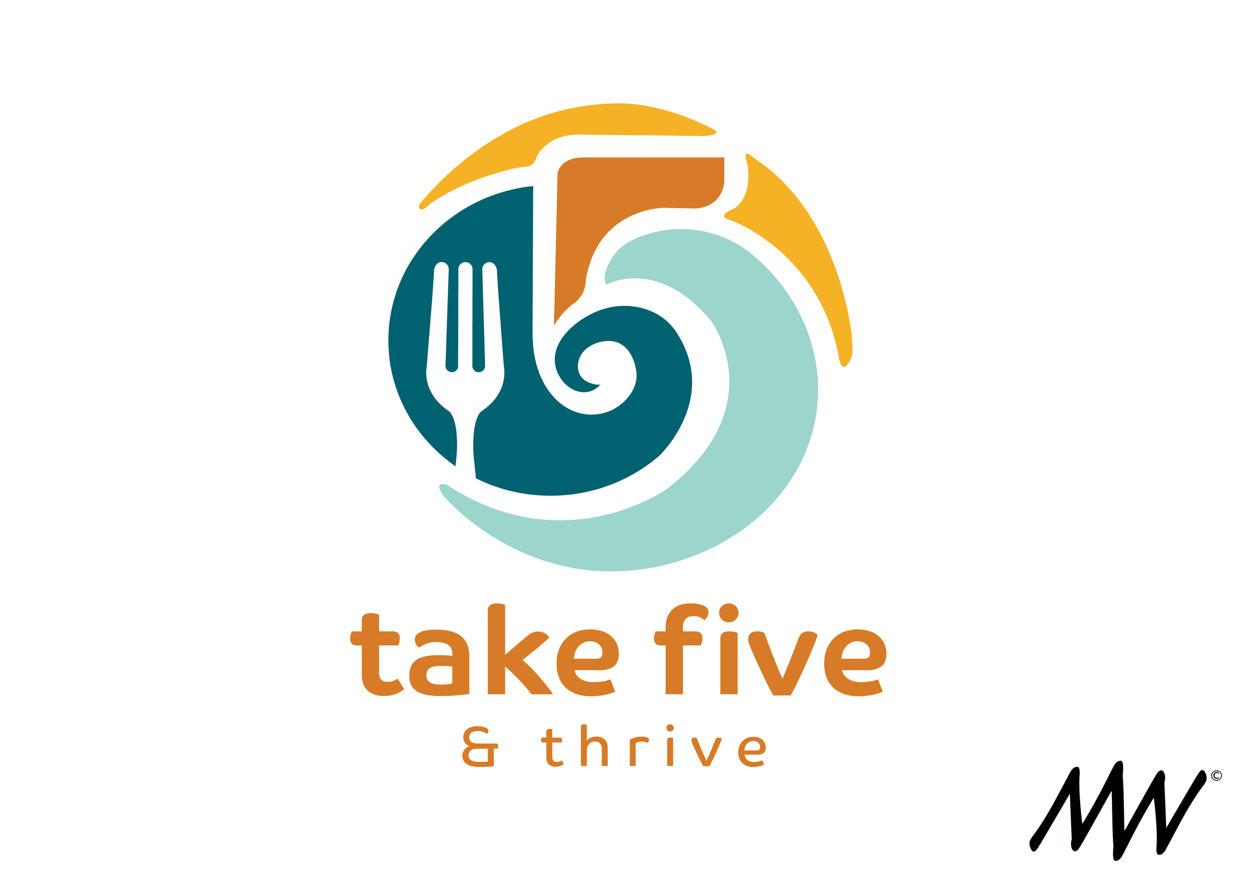 Logo with a spiral design, a fork, and a pie slice, with the text 'take five & thrive' underneath and a signature 'MW' in the bottom right corner.