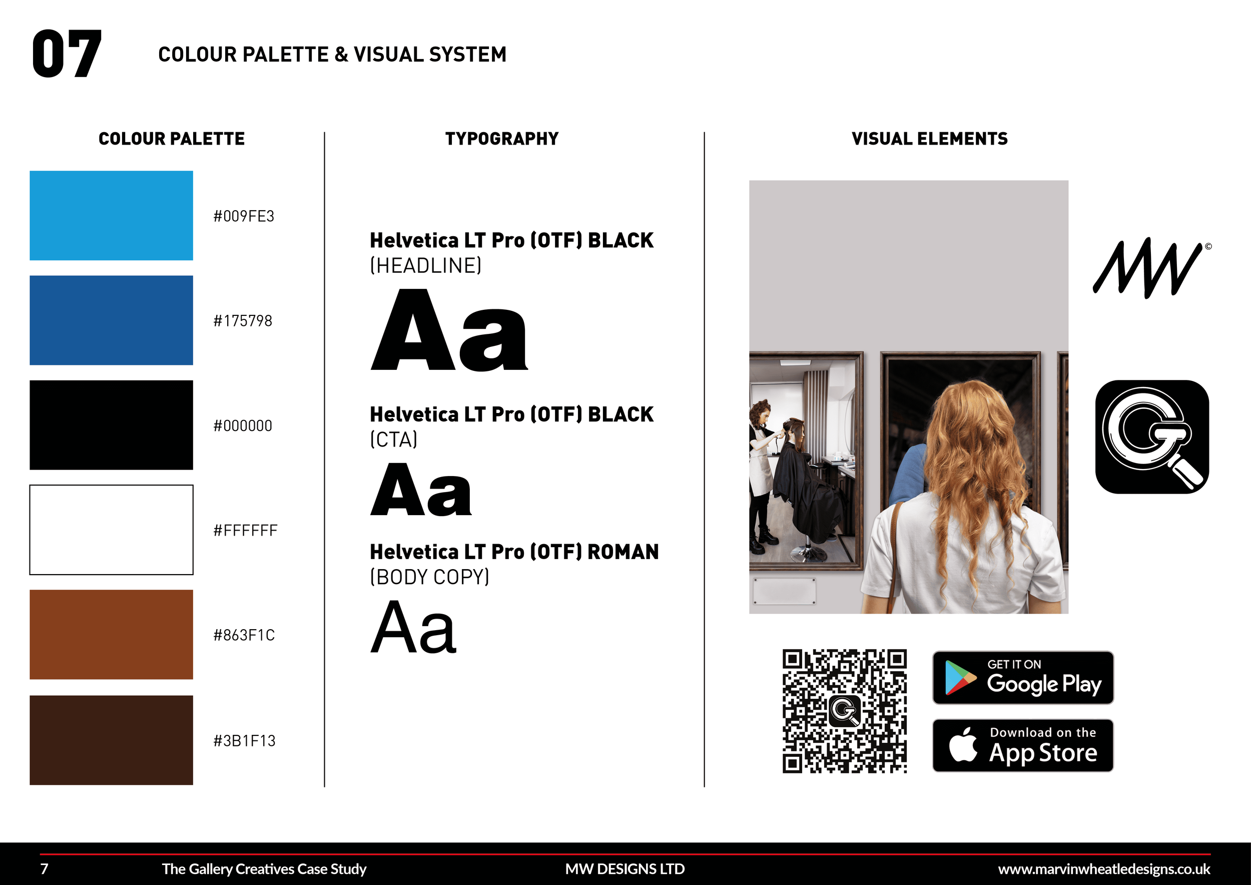 A design style guide page showing a color palette with color codes, typography details listing Helvetica LT Pro fonts with different styles, and visual elements. There are small sections showing QR code, app download icons, and a partial photograph of a woman with long, red hair looking at mirrors in a salon.