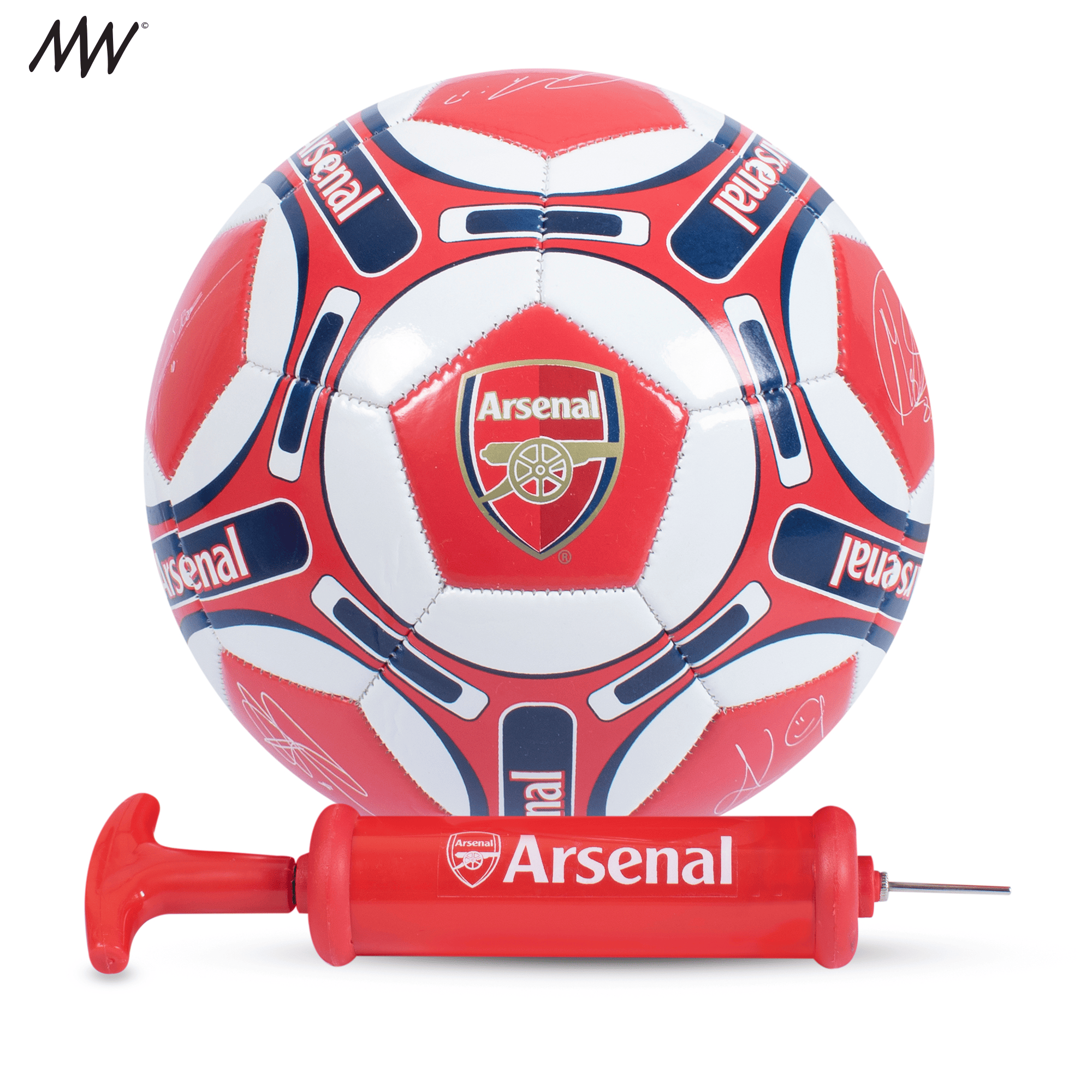 A soccer ball and a pump with the Arsenal logo and colours.