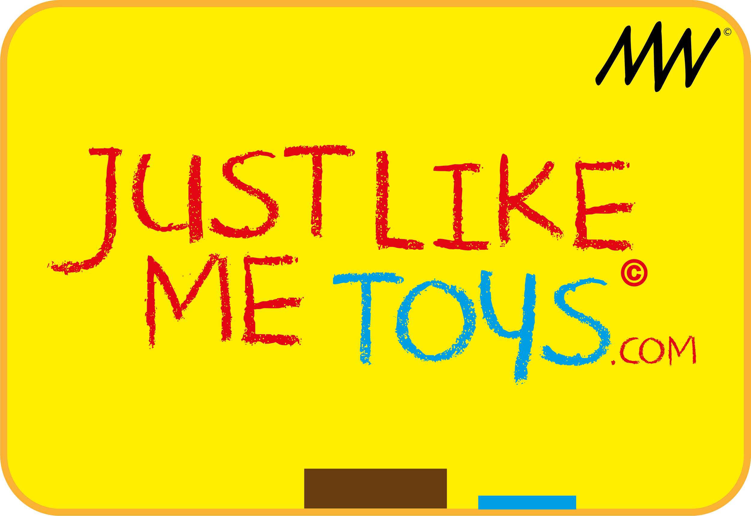 A yellow sign with red and blue text that reads 'Just Like Me Toys.com' in a playful font.