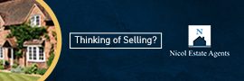 Logo of a real estate agency with a house and trees, and the text 'Thinking of Selling?'