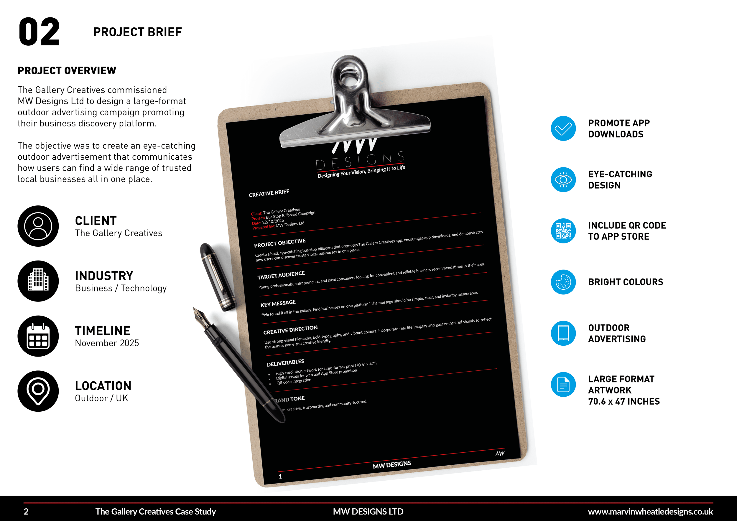 A project brief document on a black clipboard with a silver clip, accompanied by a black pen and a metallic marker, against a white background. The document contains sections about project overview, client, industry, timeline, location, and key design points, with blue bullet points on the right side listing features like promote app downloads, eye-catching design, include QR code, bright colors, outdoor advertising, and large format artwork.