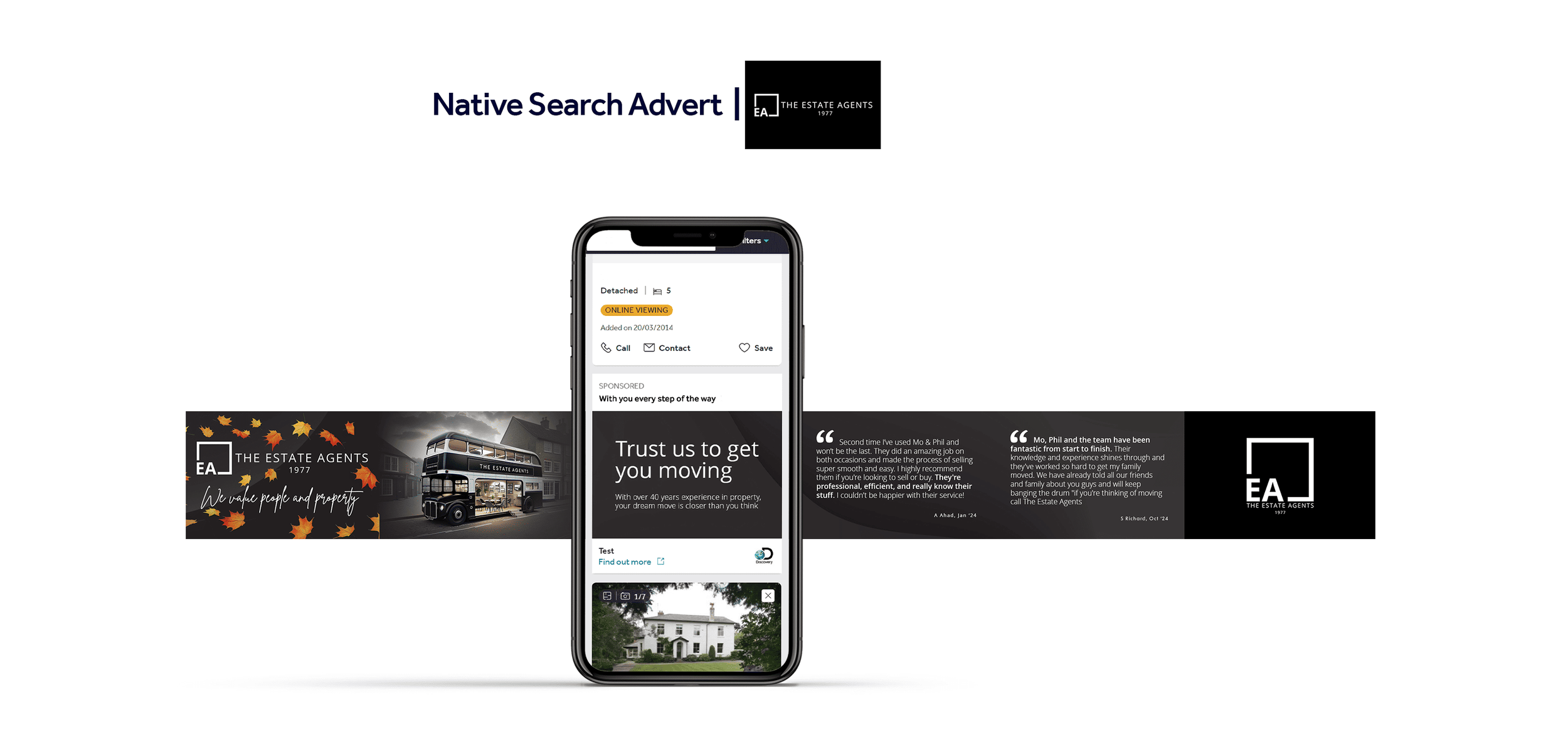 A digital advertisement for The Estate Agents, featuring a smartphone displaying property listings and testimonials, with branding and autumn leaves graphics.
