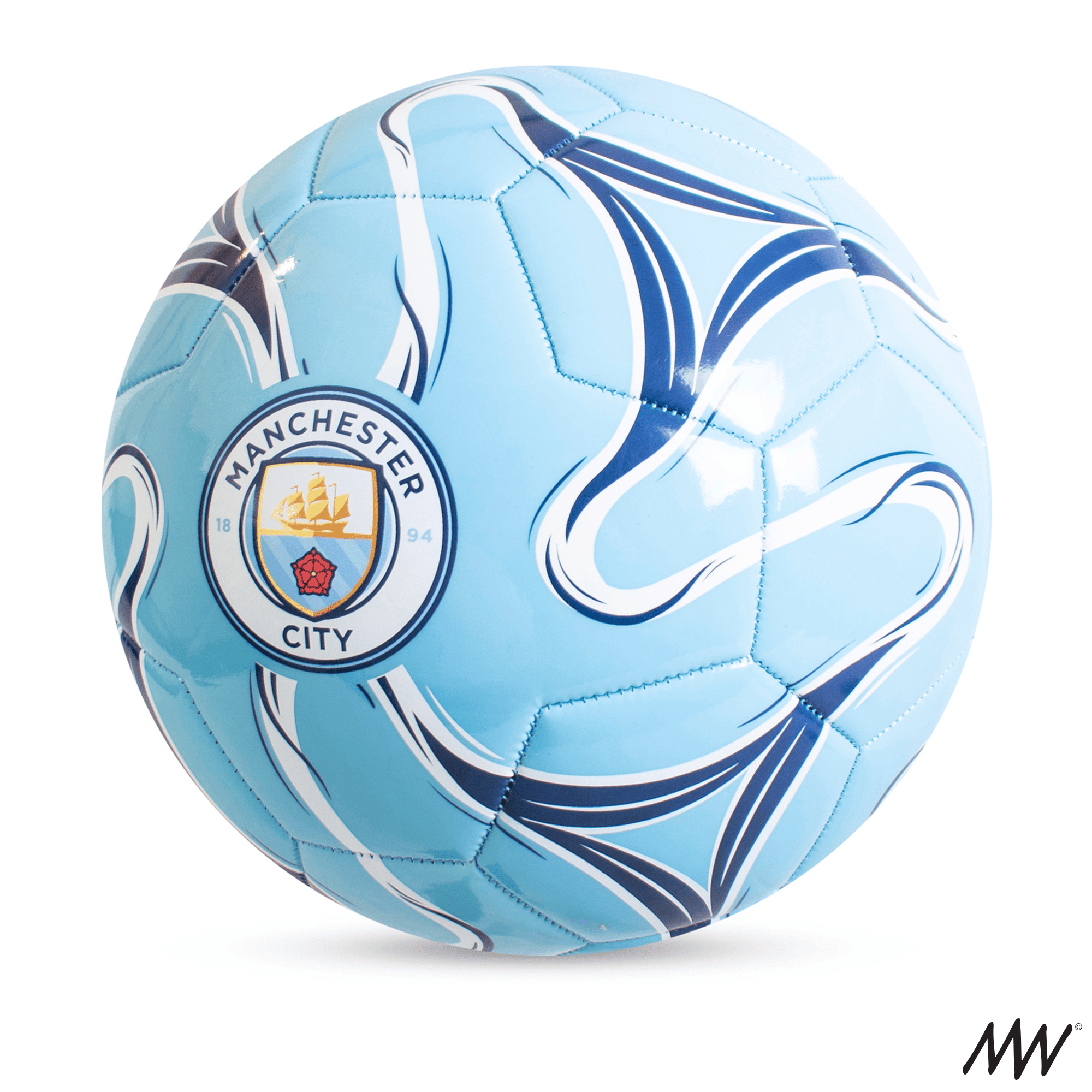 Light blue Manchester City soccer ball with abstract dark blue and white designs and the Manchester City crest.