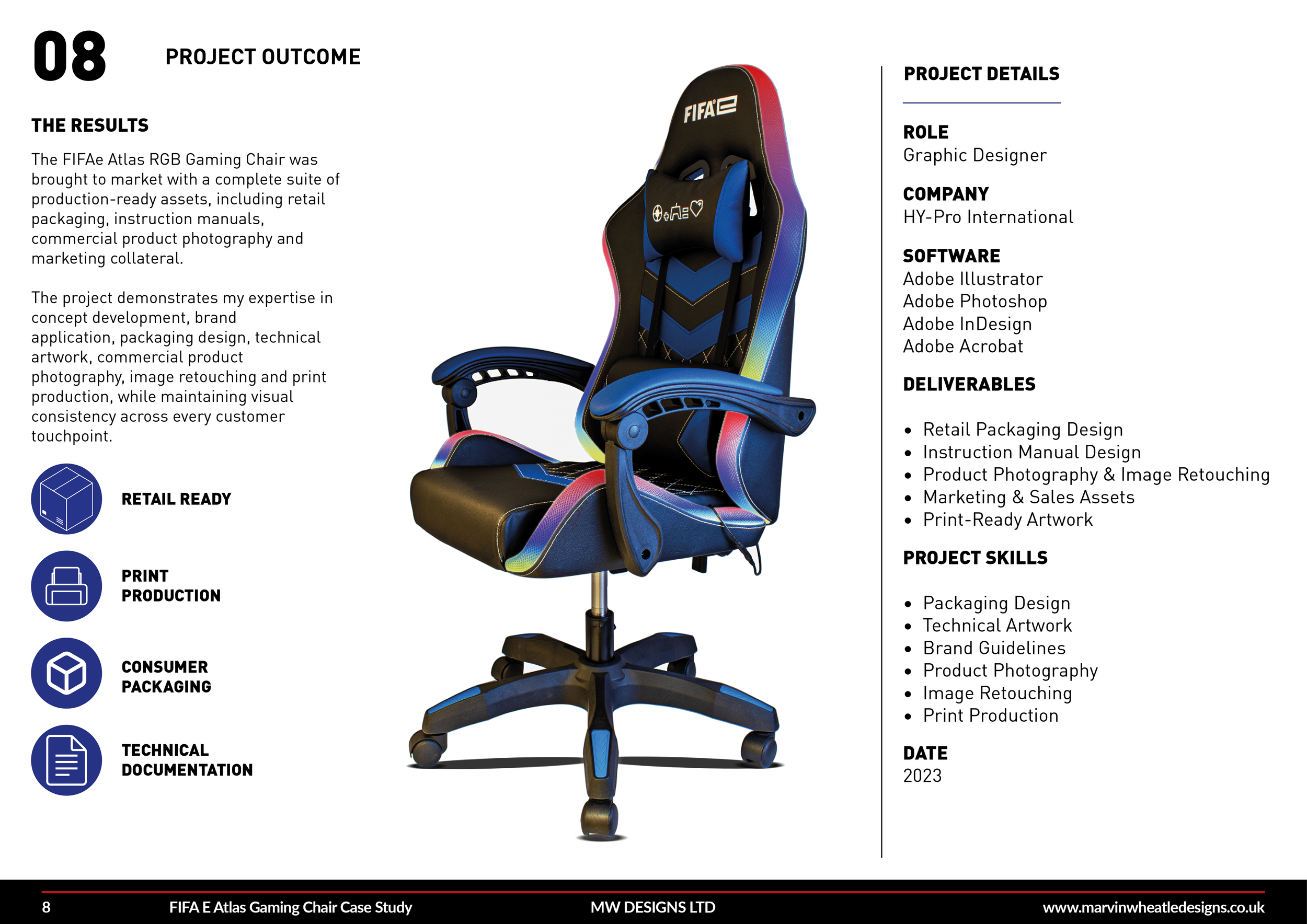 Design case study page featuring a FIFA-themed RGB gaming chair with colorful accents, positioned on a white background, and detailed project information on the right side.