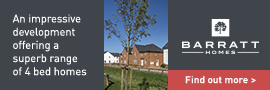 A real estate advertisement showing new 4-bed homes by Barratt Homes, with an image of houses, trees, and a blue sky.