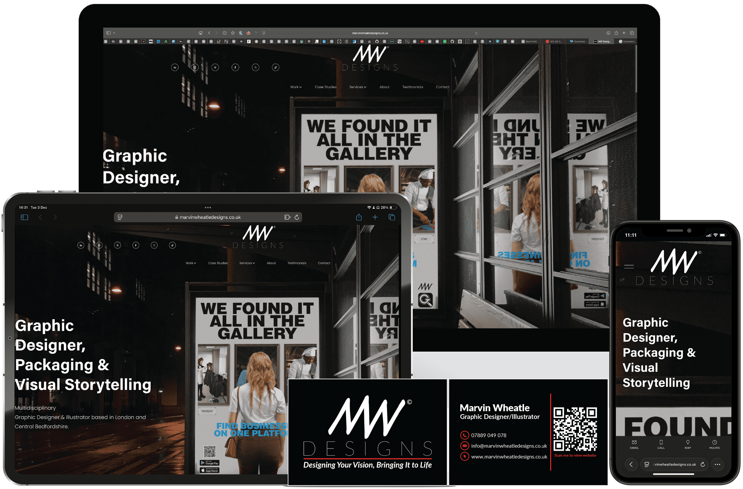 Multiple screens displaying a website for MW Designs, a graphic design and illustration business, with a dark background and prominent white text reading "We found it all in the gallery" and contact information at the bottom.