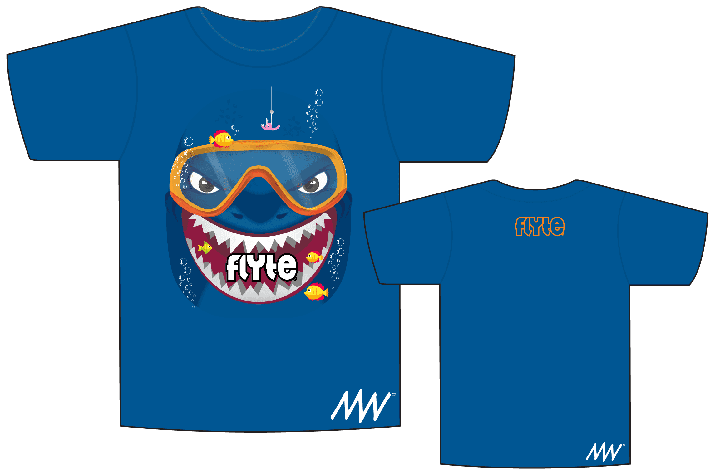 A blue children's T-shirt featuring a cartoon shark wearing orange diving goggles, surrounded by small yellow fish and bubbles, with the word 'FYTE' on its open mouth and on the back of the shirt.