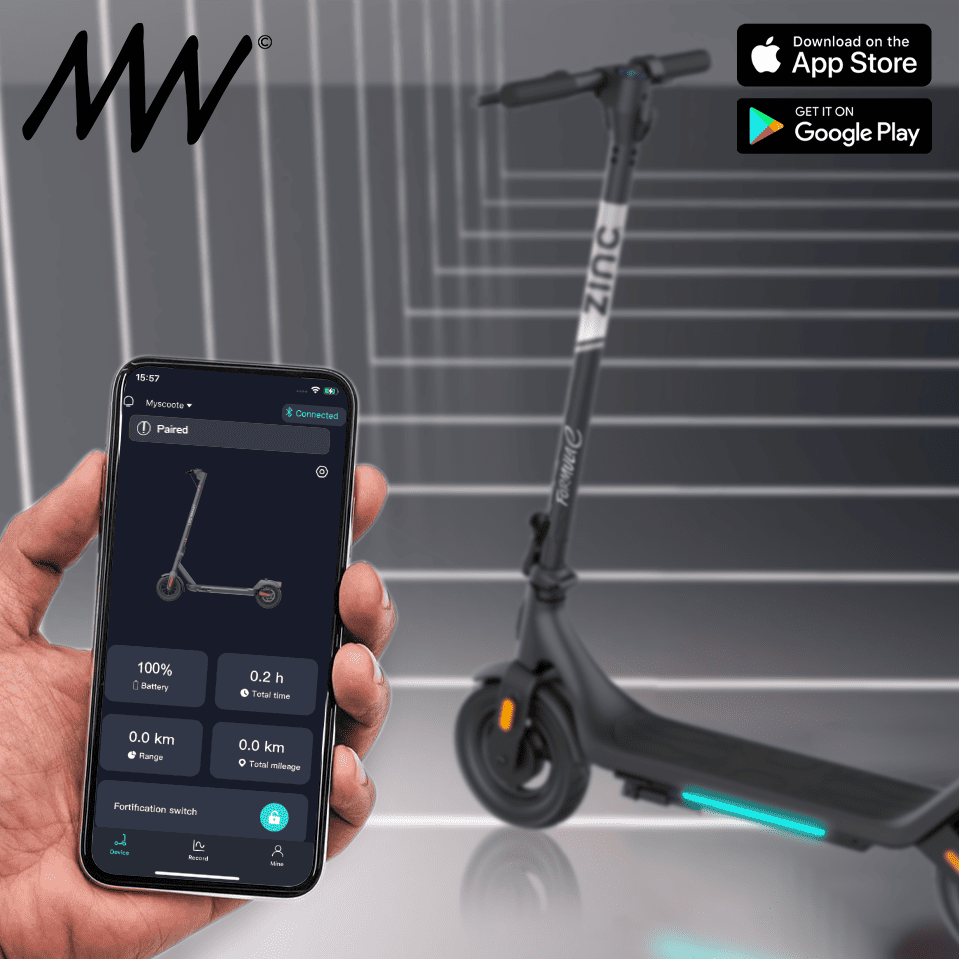 An electric scooter connected via a mobile app, displayed on a smartphone screen, with a gray background and app download icons for the App Store and Google Play in the top right corner.