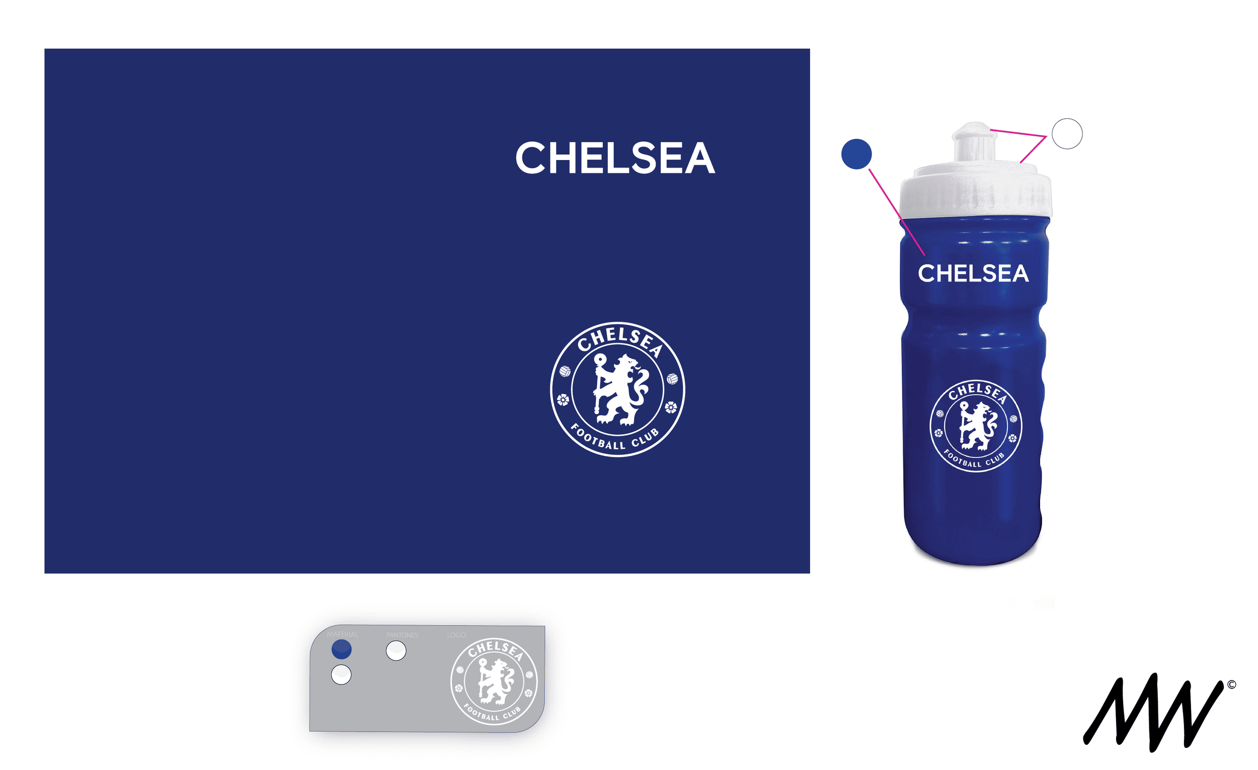 Chelsea Football Club themed water bottle, blue with the Chelsea logo, accompanied by a matching box and a color sample tag with Chelsea logo