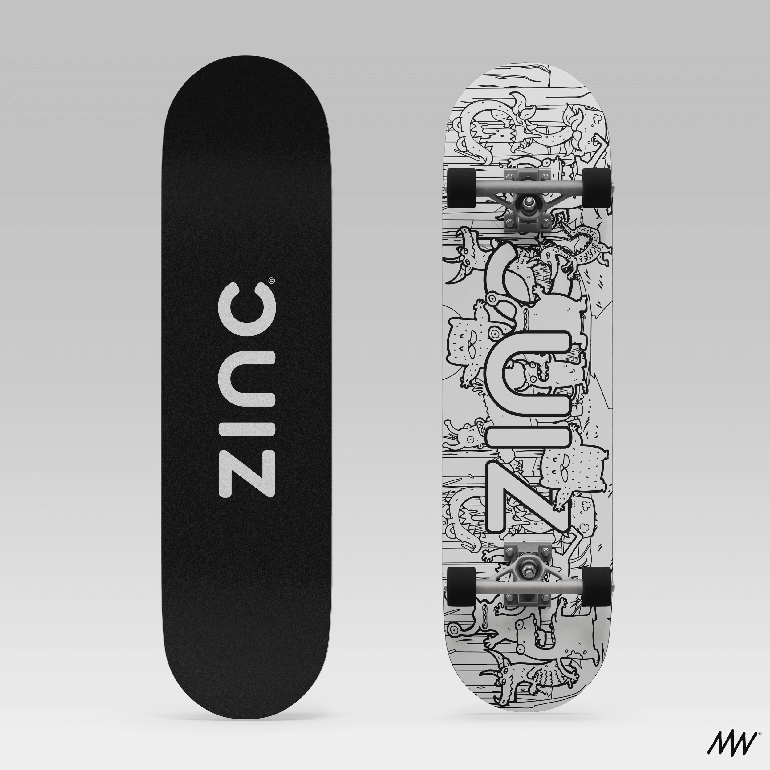 Two skateboards, one with a black grip tape showing the brand name 'Zinc' and the other with a white background and cartoon animal illustrations, with silver trucks and black wheels.