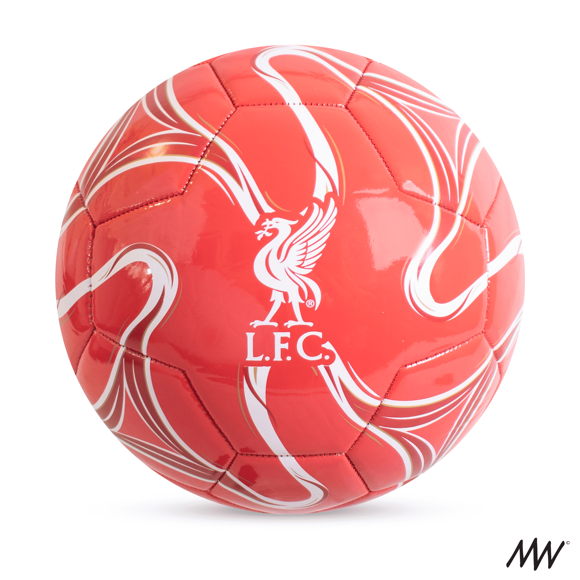 Red soccer ball with white swirling design and Liverpool FC logo featuring a liver bird, with initials L.F.C. in white.