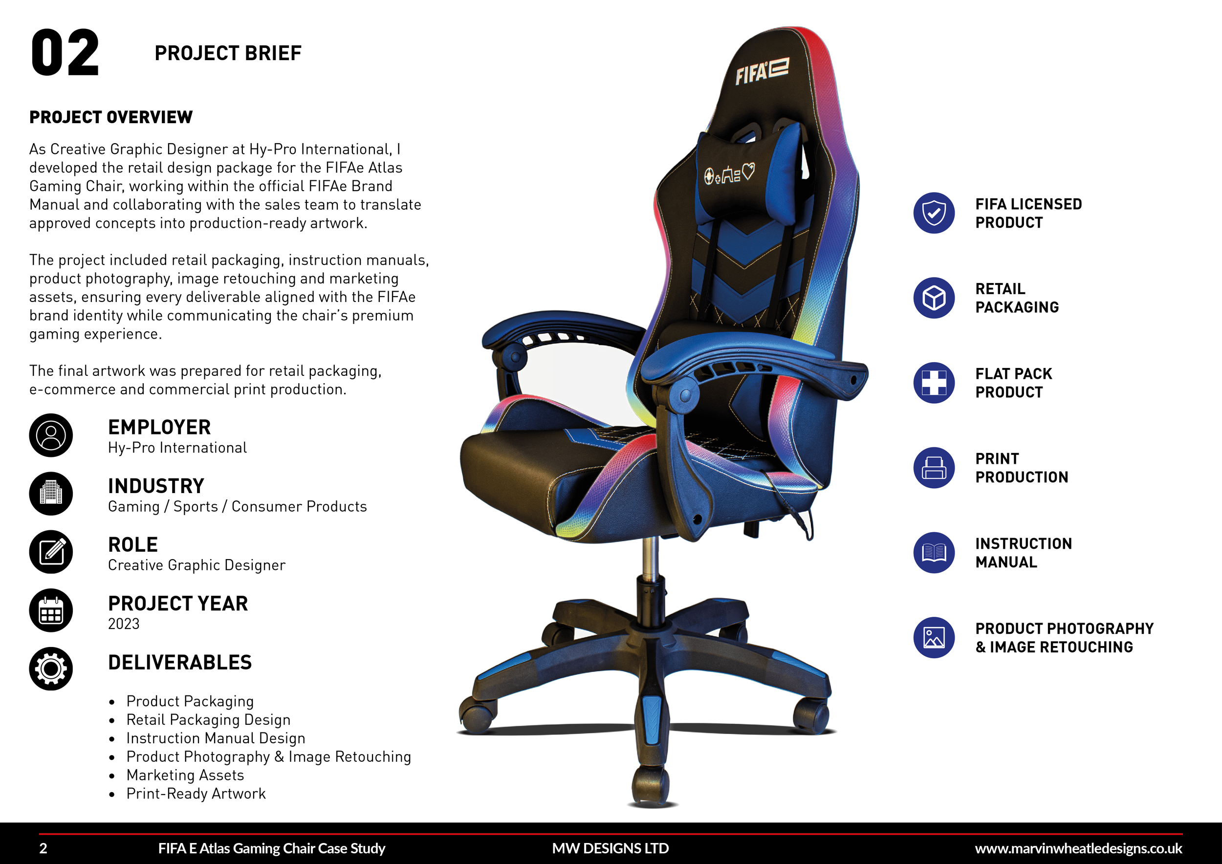 A retail design presentation for a FIFA Atlas Gaming Chair featuring a black and blue gaming chair with FIFA branding, accompanied by project details and branding icons.
