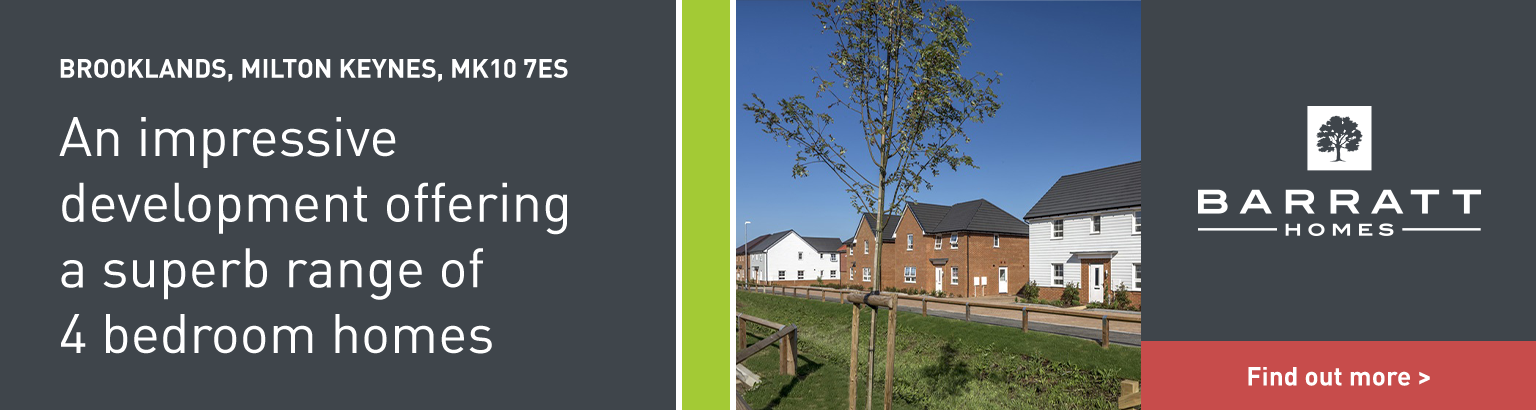 Advertisement for Barratt Homes featuring a row of modern houses in a new development area with a tree and grassy lawn, with text promoting 4-bedroom homes in Milton Keynes.