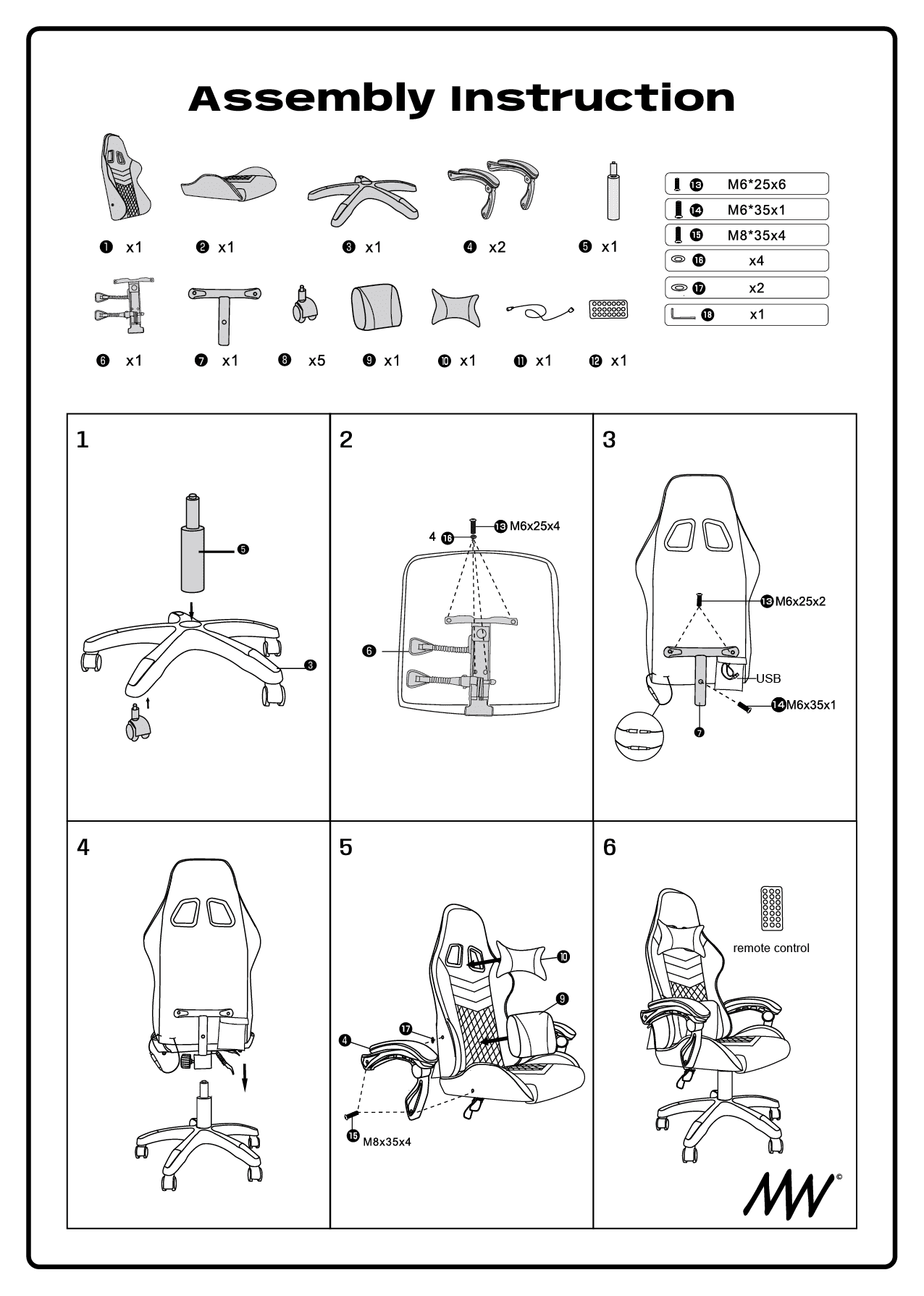 Assembly instruction manual for a gaming or office chair, showing diagrams and numbered steps for assembly.
