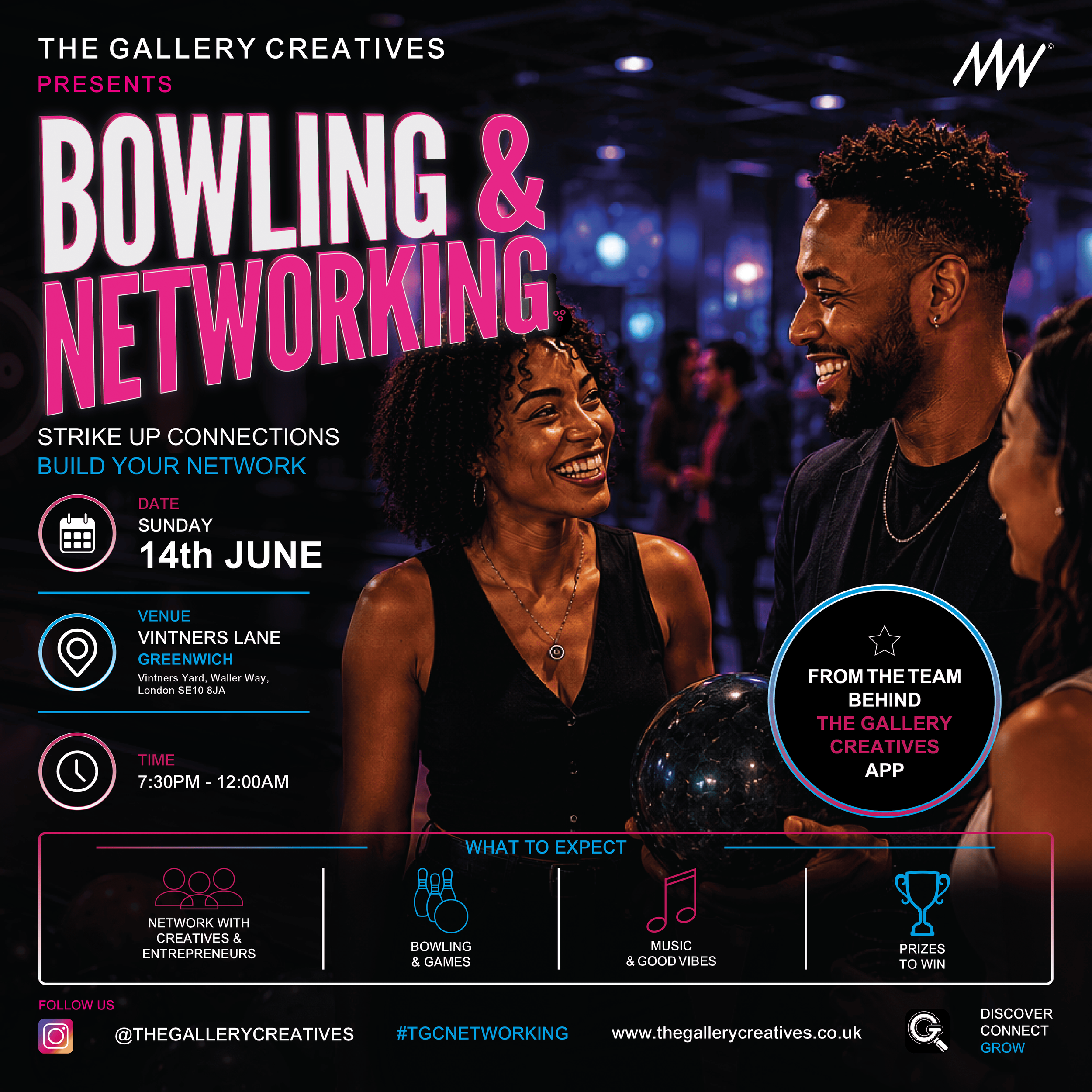 Event poster for a networking event called 'Bowling & Networking' at The Gallery Creatives on Sunday, June 14th from 7:30 PM to midnight at Vintners Lane, Greenwich. The poster features a smiling man and woman in a social setting with colorful lights, and includes icons for network building, bowling and games, music, and prizes. The poster encourages to follow on Instagram '@THEGALLERYCREATIVES' and visit 'thegallerycreatives.co.uk' for more information.