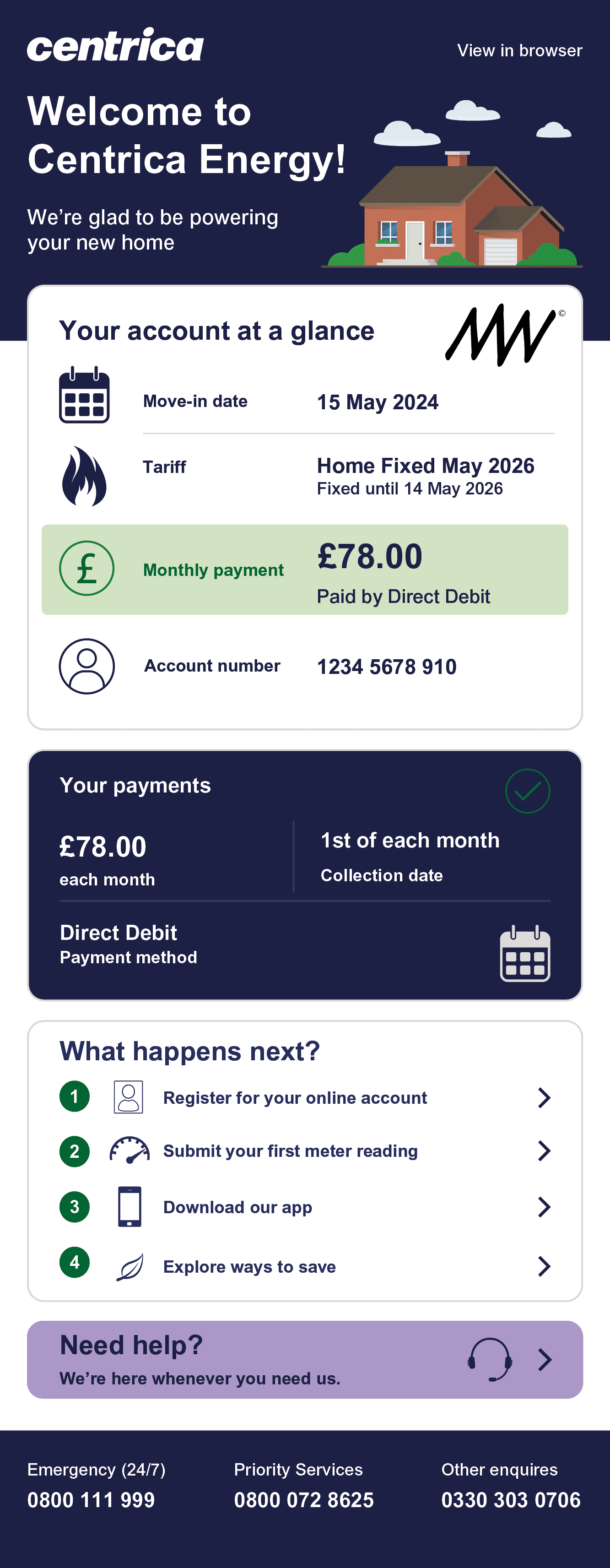 An energy company's billing statement showing account details, monthly payment of 78 pounds paid by direct debit, and instructions for next steps such as registering online and submitting meter readings.