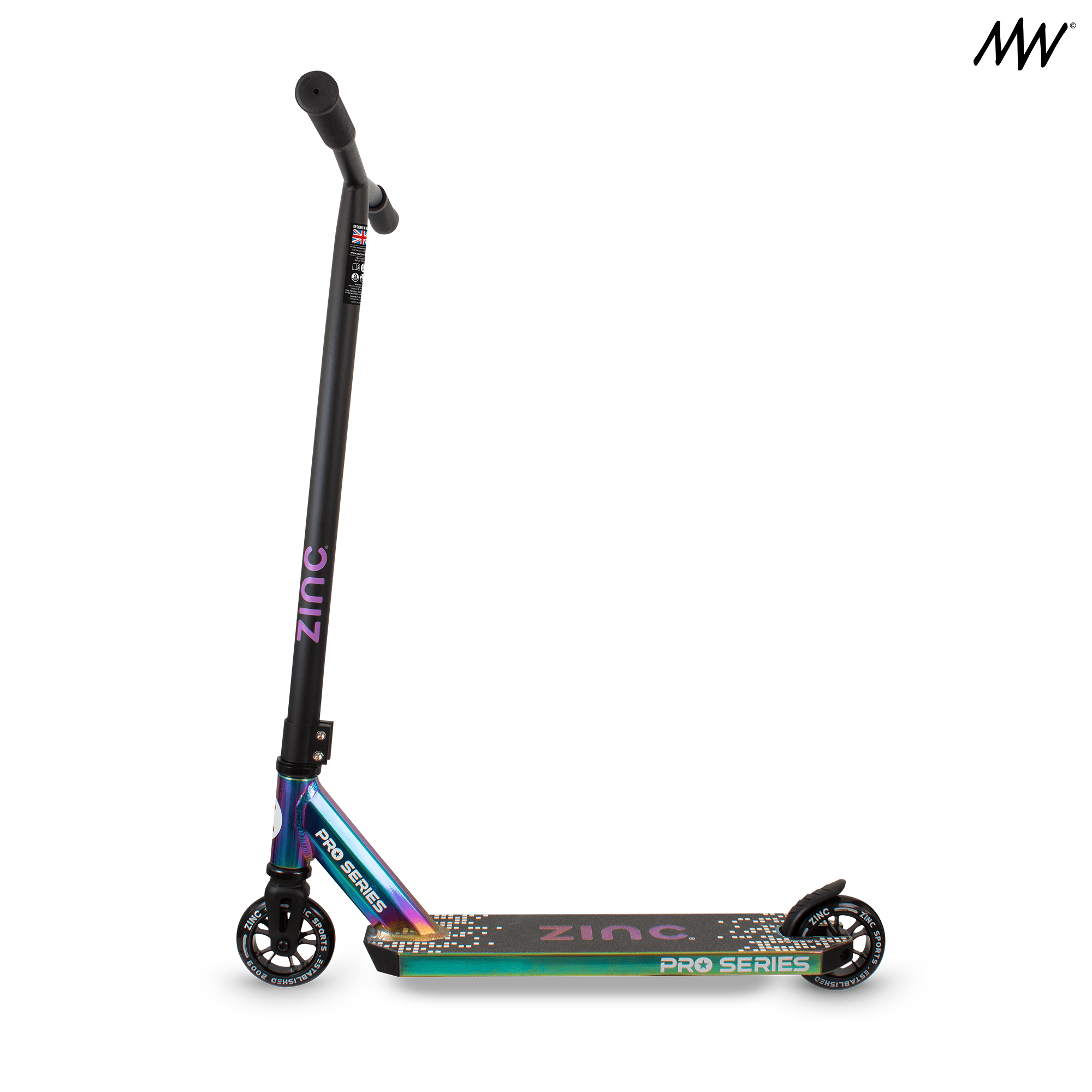 A black stunt scooter with rainbow-colored accents, labeled 'PRO SERIES' and 'ZINC,' featuring a foldable handlebar, large wheels, and a deck suitable for tricks.