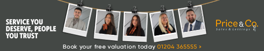 Banner advertisement for Price & Co. sales and lettings agency with photos of five staff members and a prompt to book a free valuation, including contact number 01204 365555.
