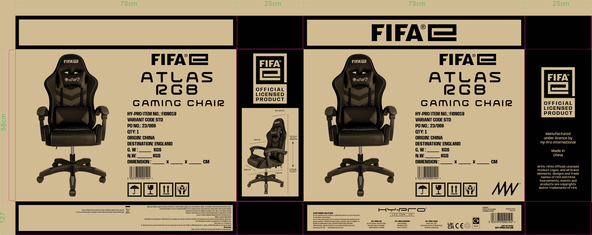 Packaging label for a FIFA 2 Gaming Chair featuring a black office chair, with height, width, and depth measurements, product information, handling symbols, barcode, and manufacturer details.